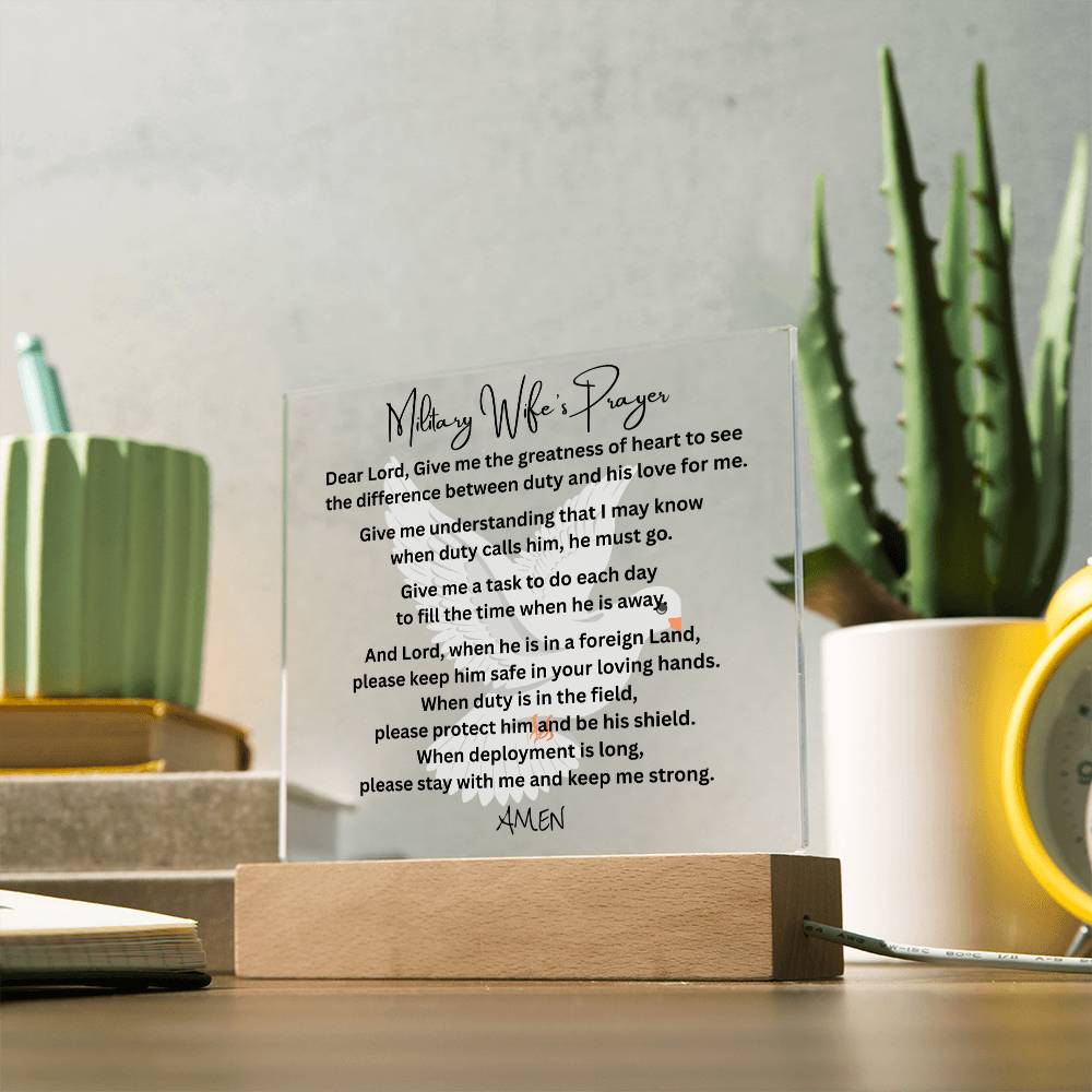 Military Wife's Prayer acrylic plaque LED wooden base tribute gift