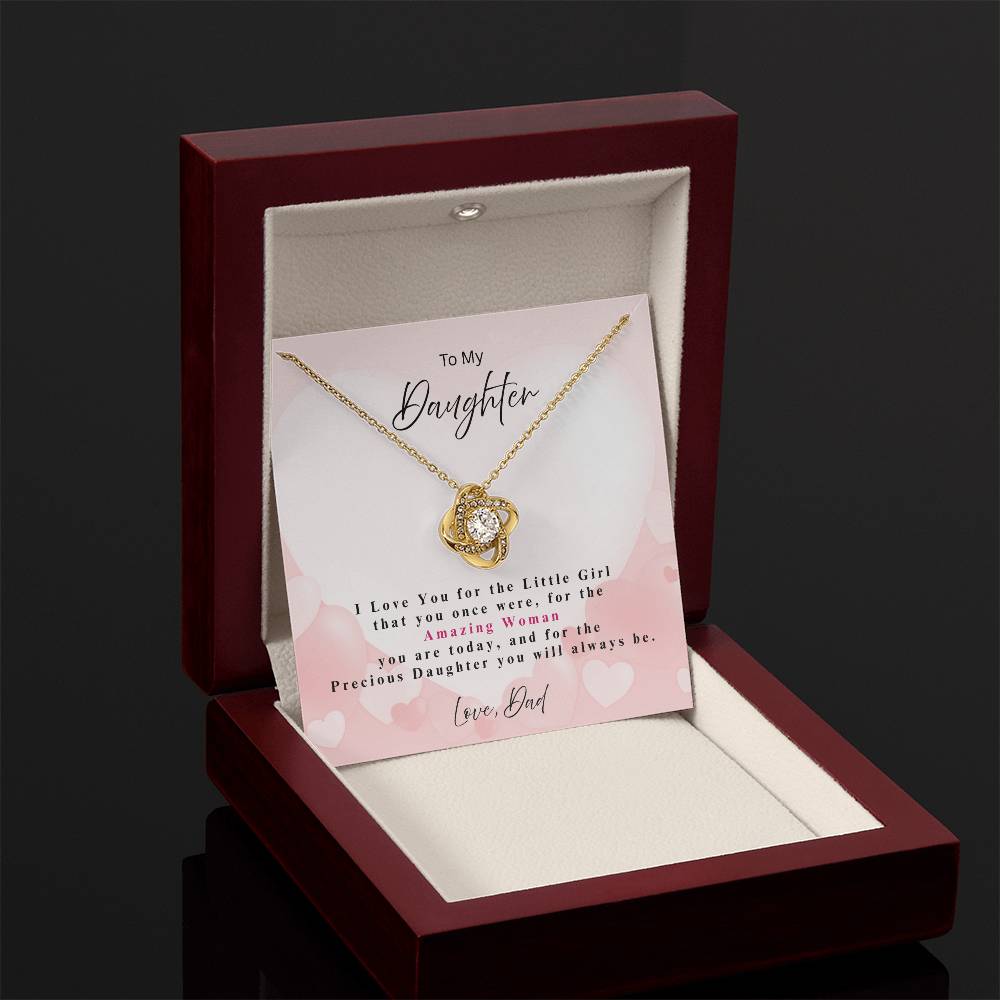 LED mahogany gift box light for daughter necklace with Love Knot Necklace gift for daughter 18k yellow gold over stainless steel