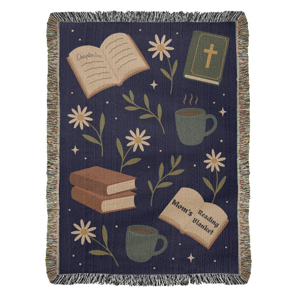Mom reading heirloom woven blanket