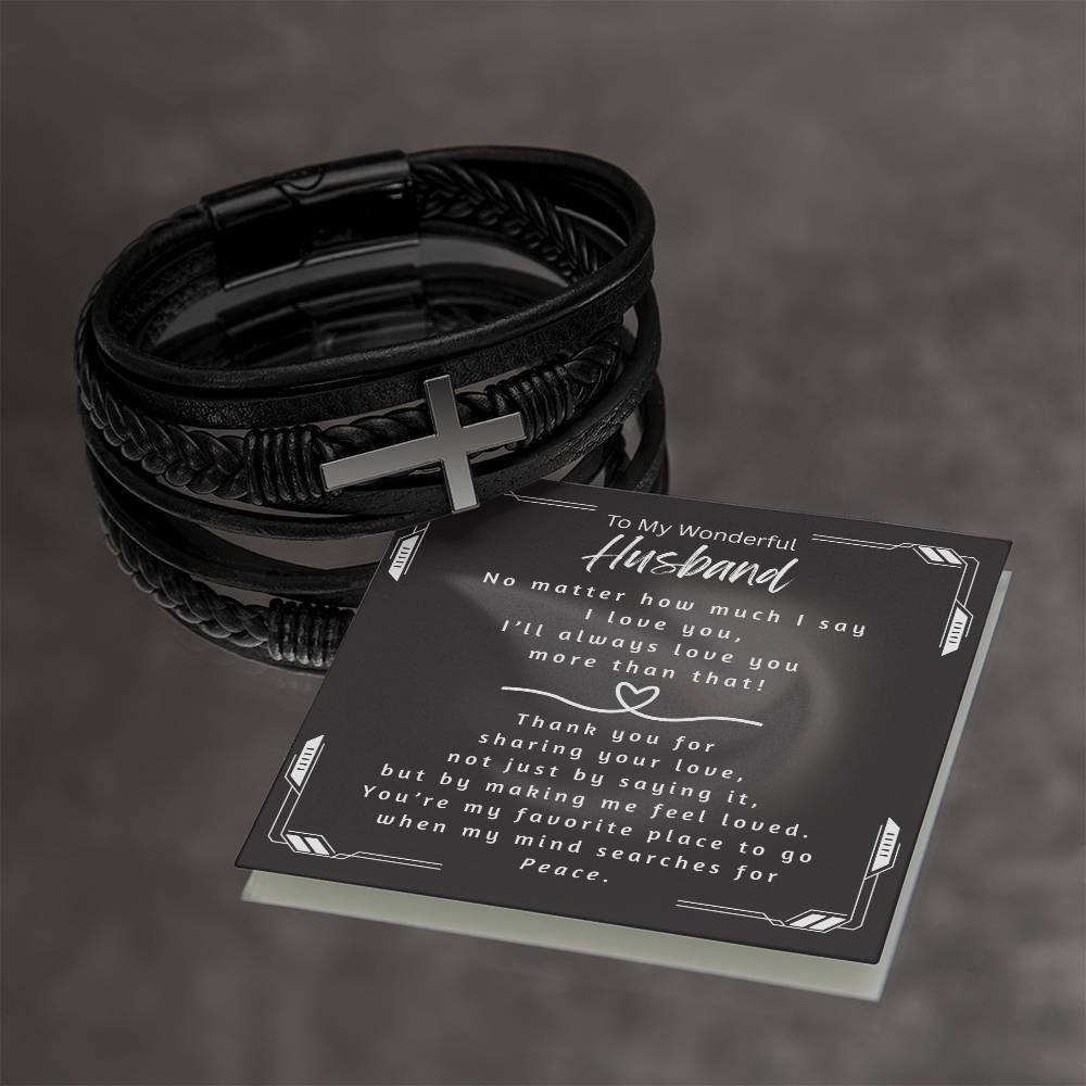 Men's stainless steel cross bracelet gift for husband with adjustable cord and magnetic clasp