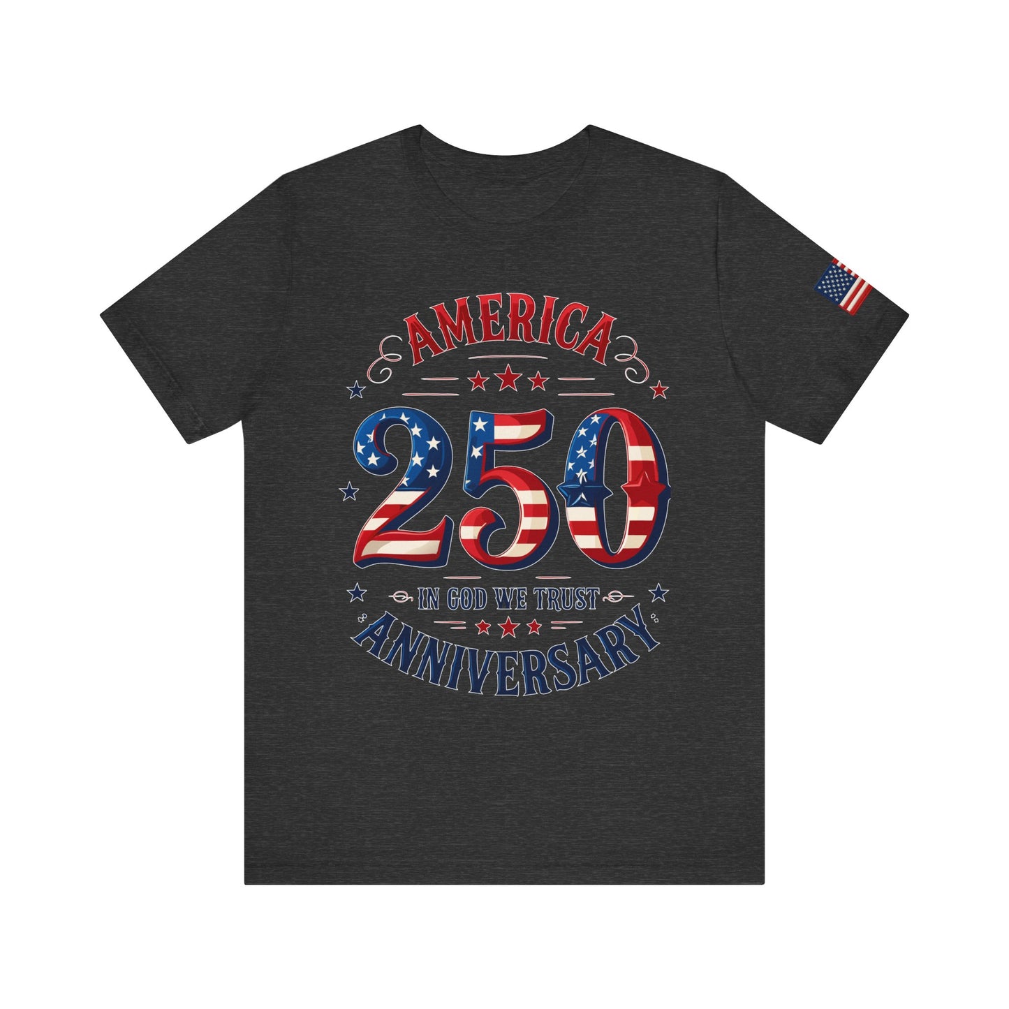 Grey t-shirt with 'America 250' design featuring stars and stripes