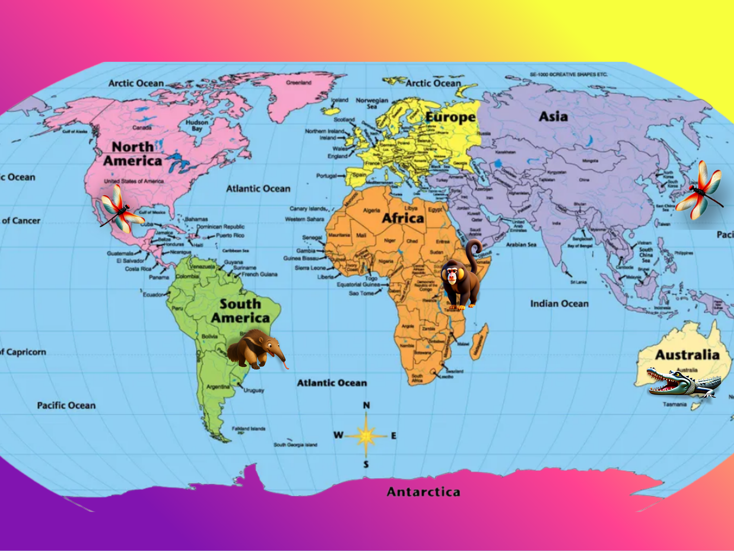 Colorful world map with cartoon animals on a gradient background