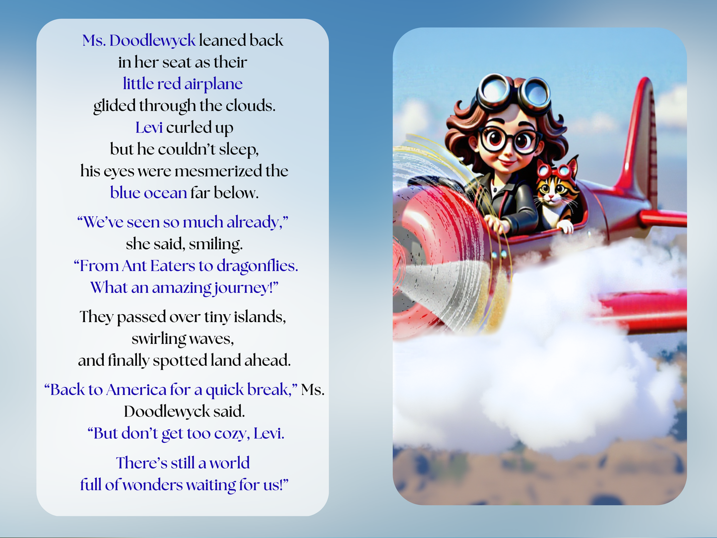 Pages of Ms. Doodlewyck & Levi in their little red airplane with text on a blue background