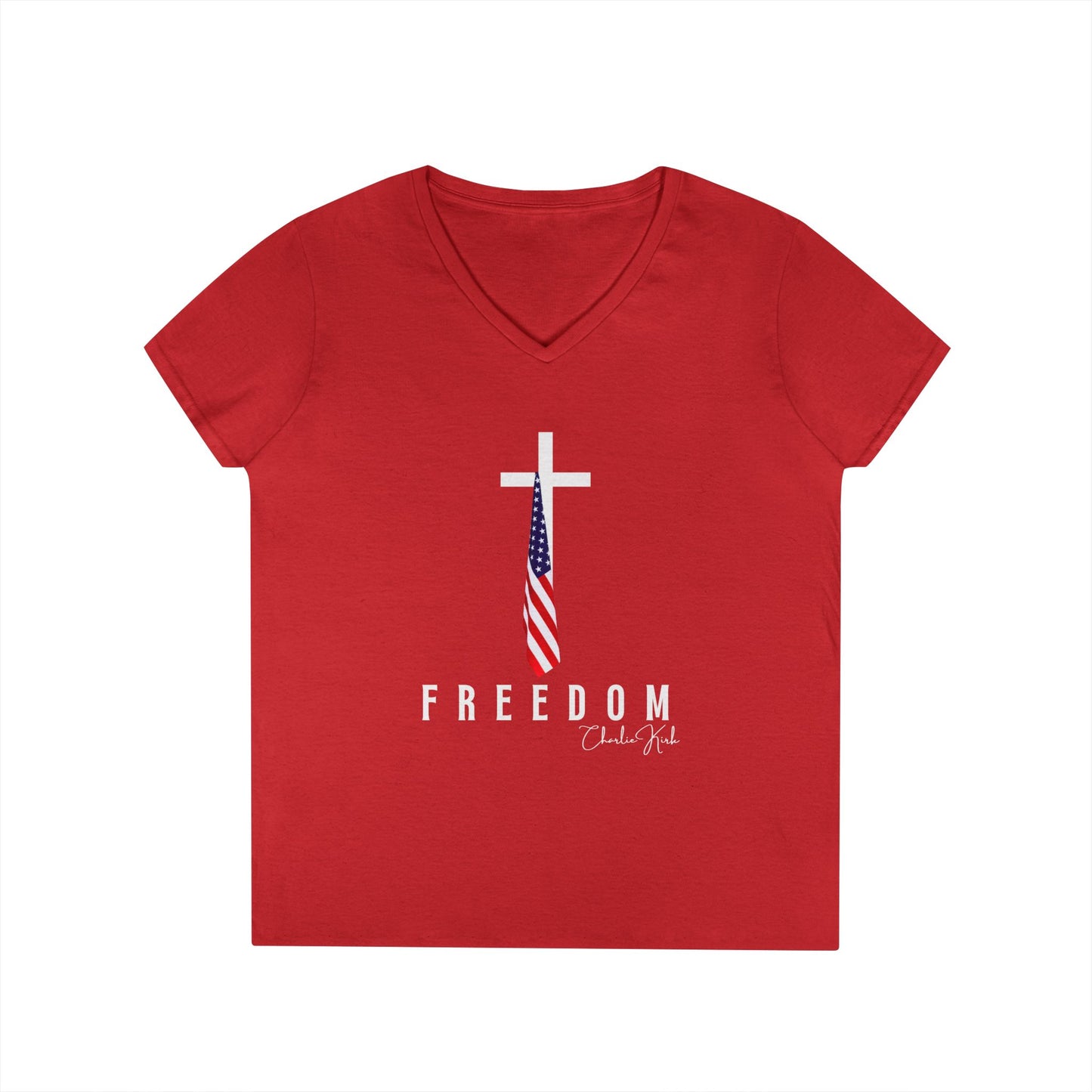 Red t-shirt with a white cross and 'FREEDOM' text on a white background