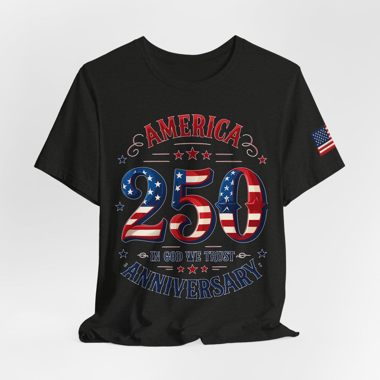 Black t-shirt with American-themed design celebrating America's 250th anniversary