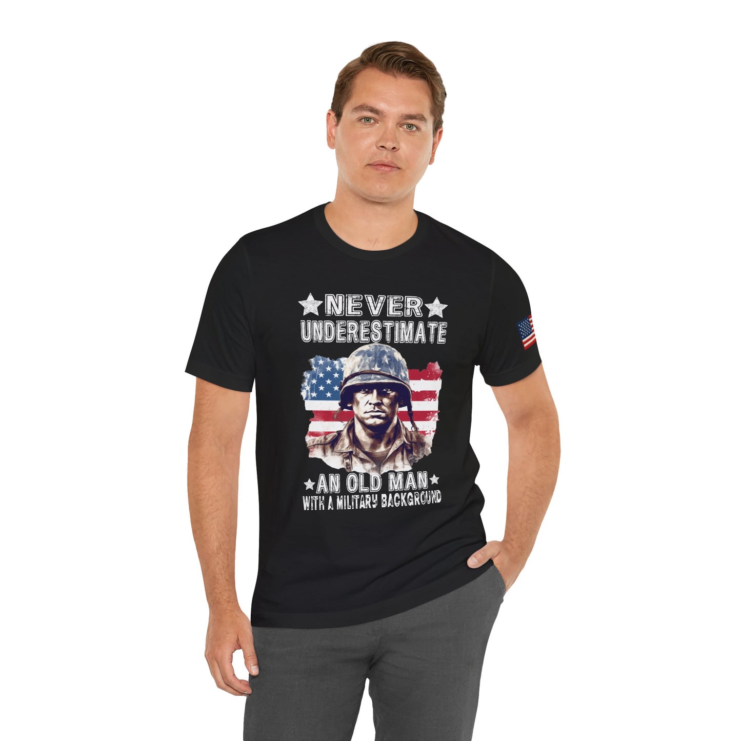 Man wearing a black t-shirt with a graphic design and text