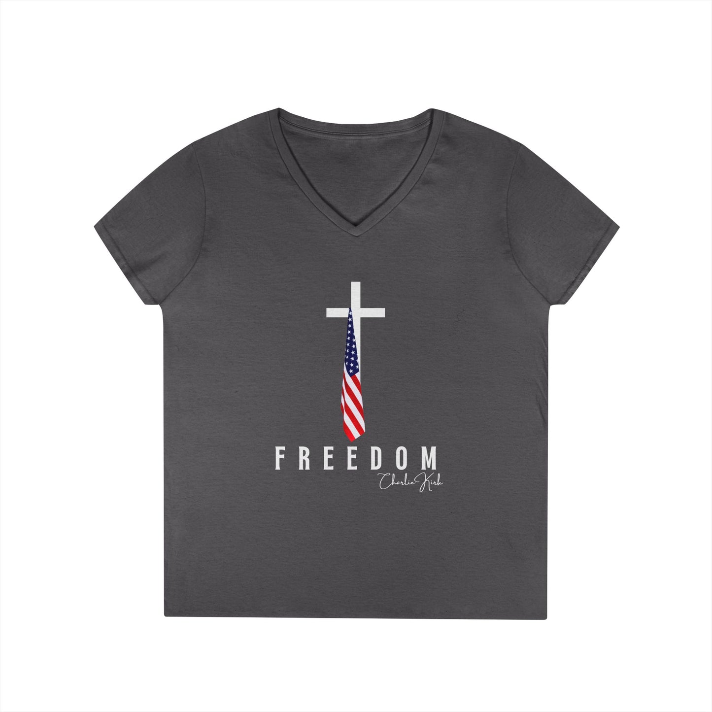 Dark gray t-shirt with a cross and American flag design on a white background