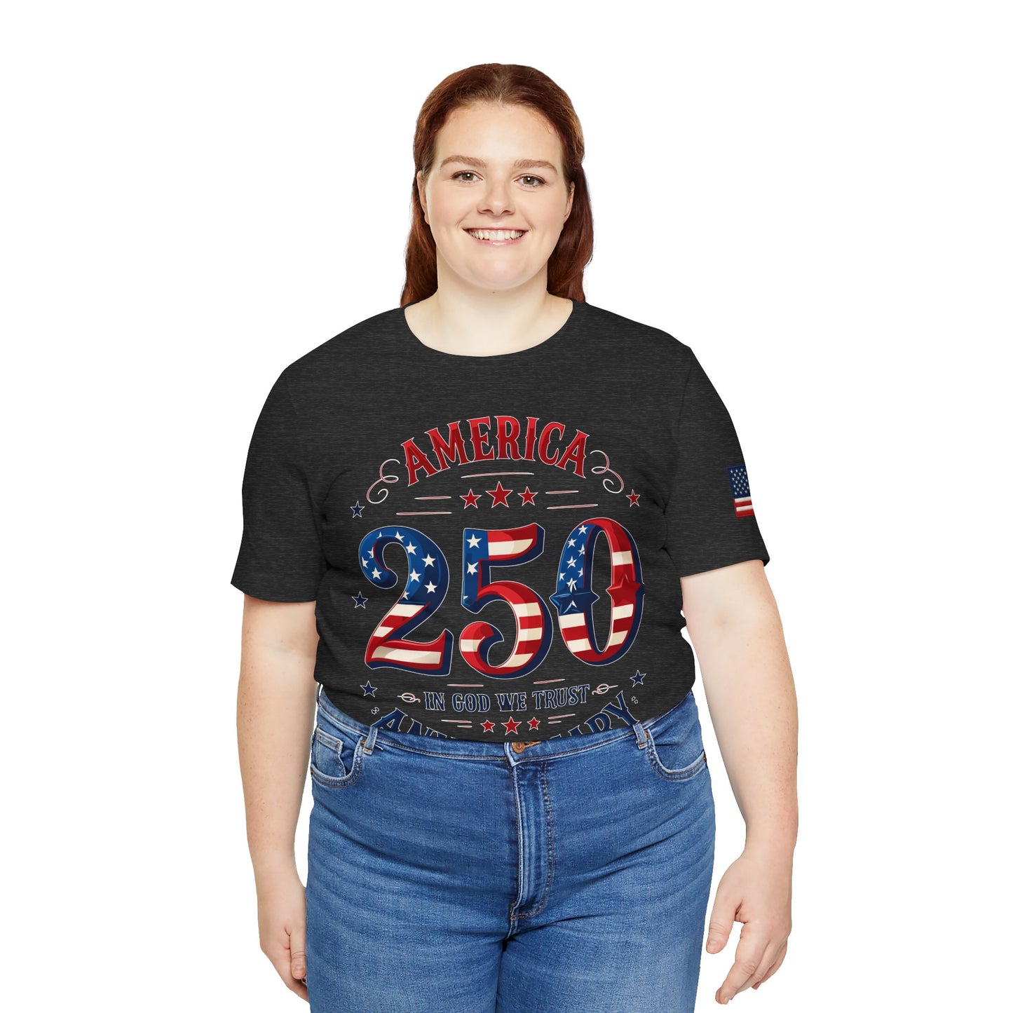 Girl wearing a black t-shirt with 'America 250' design