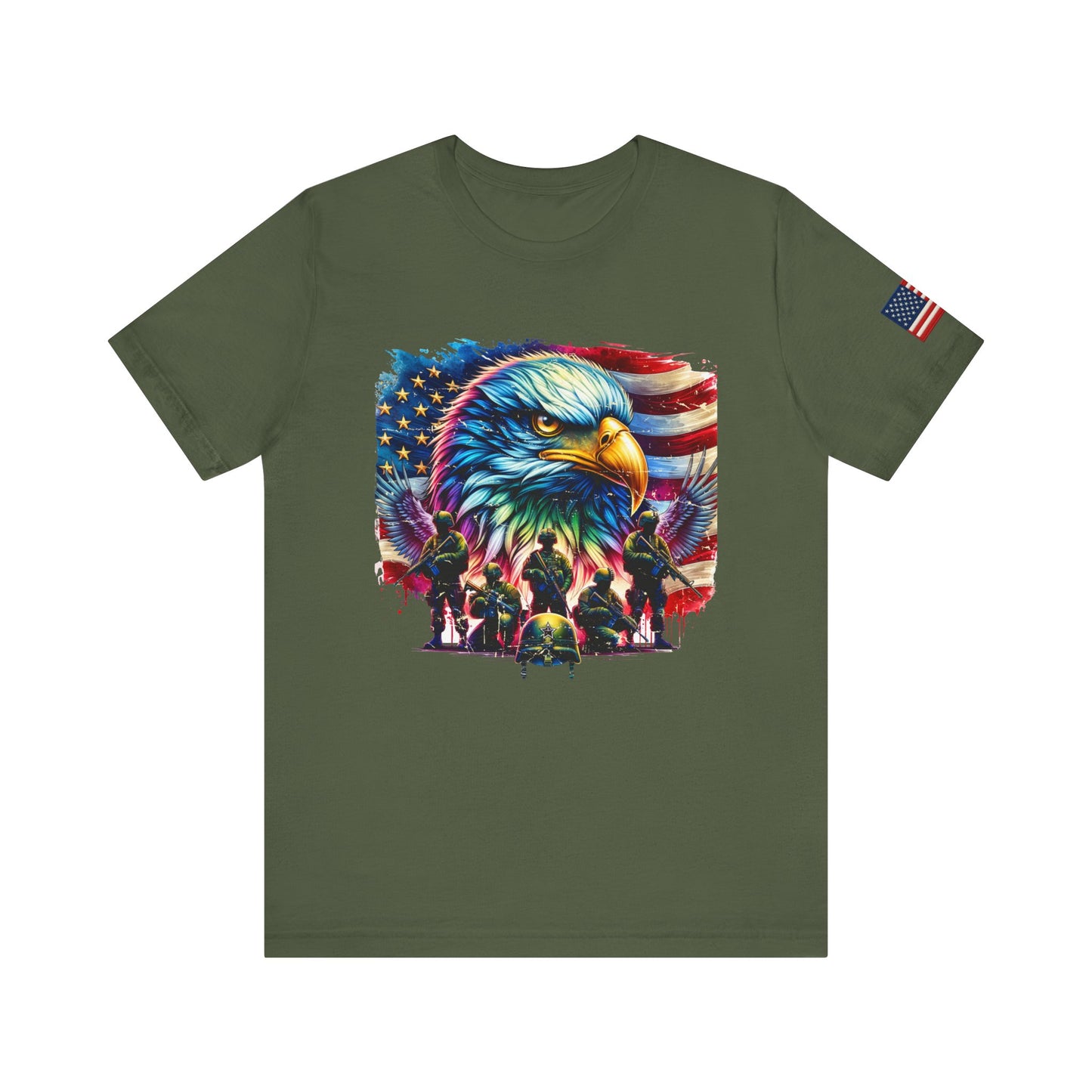 Green t-shirt with a colorful eagle and American flag design