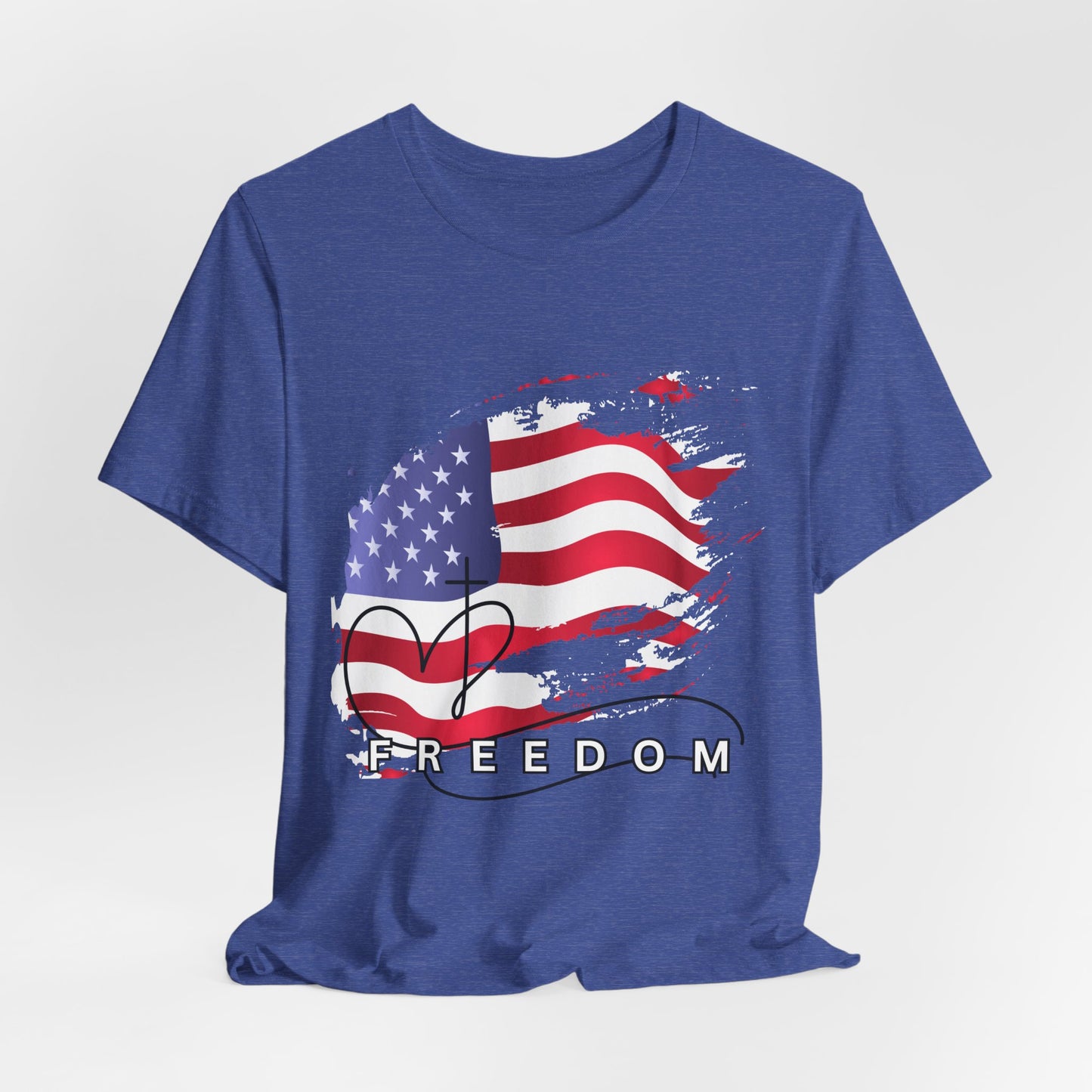 Blue t-shirt with American flag and 'Freedom' text