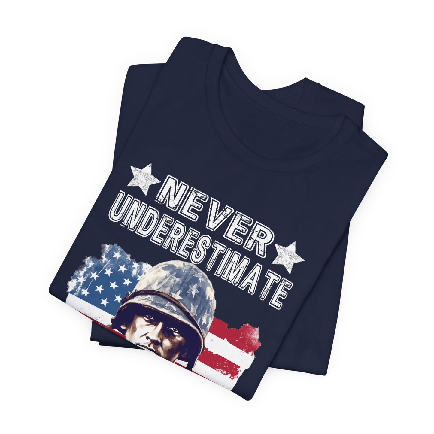 Navy blue t-shirt with graphic design and text 'Never Underestimate'