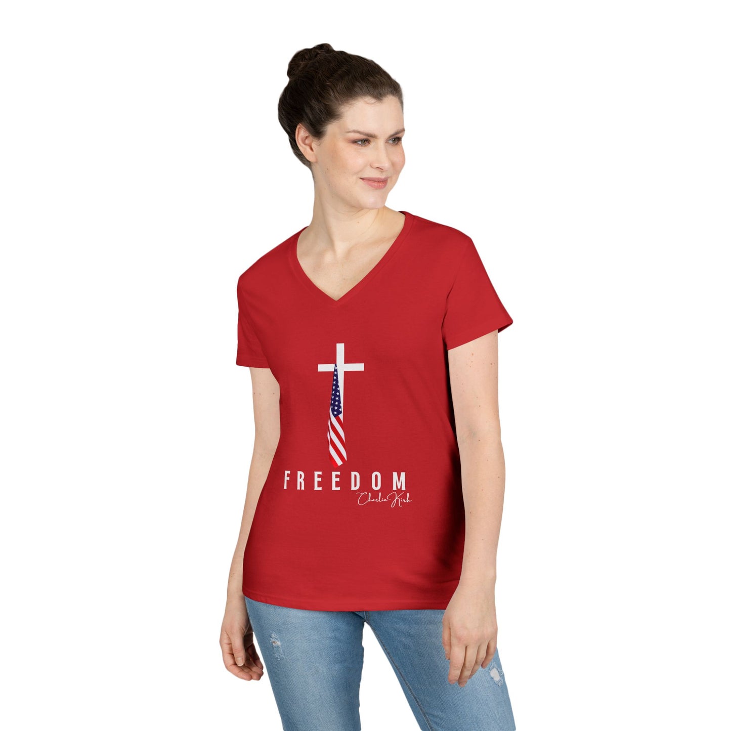 Woman wearing a red t-shirt with a cross and American flag design on a white background