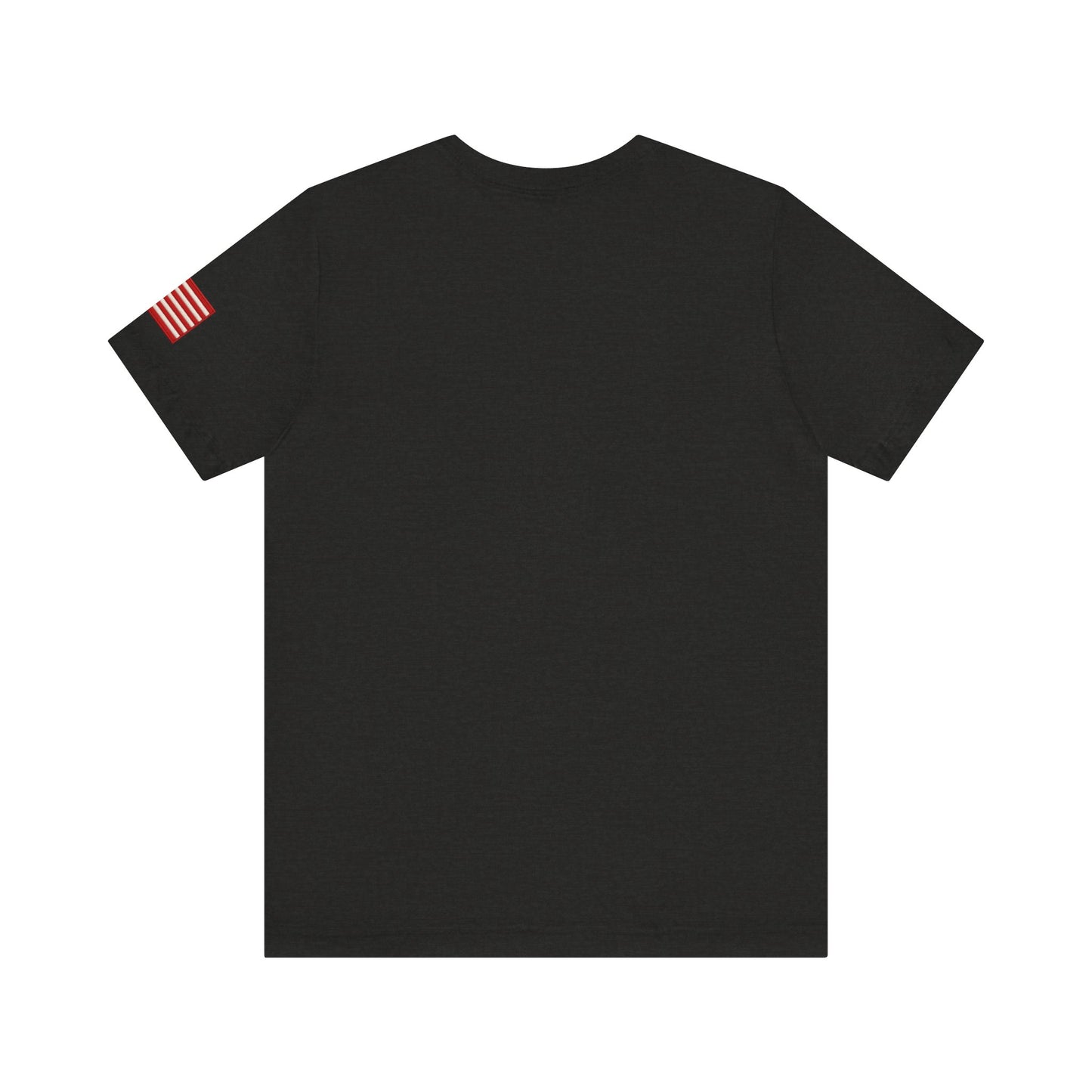 Black t-shirt back with a small red and white flag on the sleeve