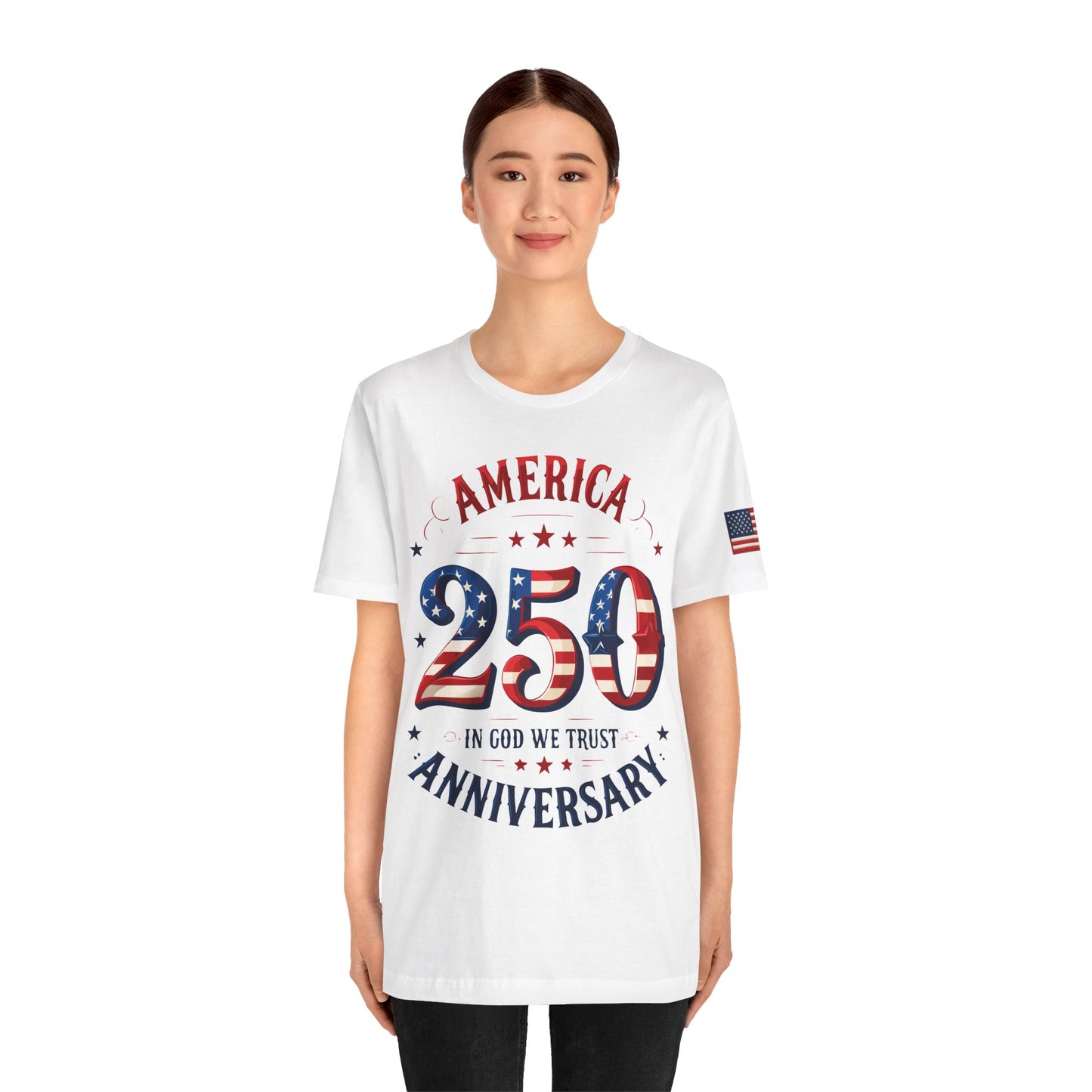 Girl wearing a white t-shirt with 'America 250' design