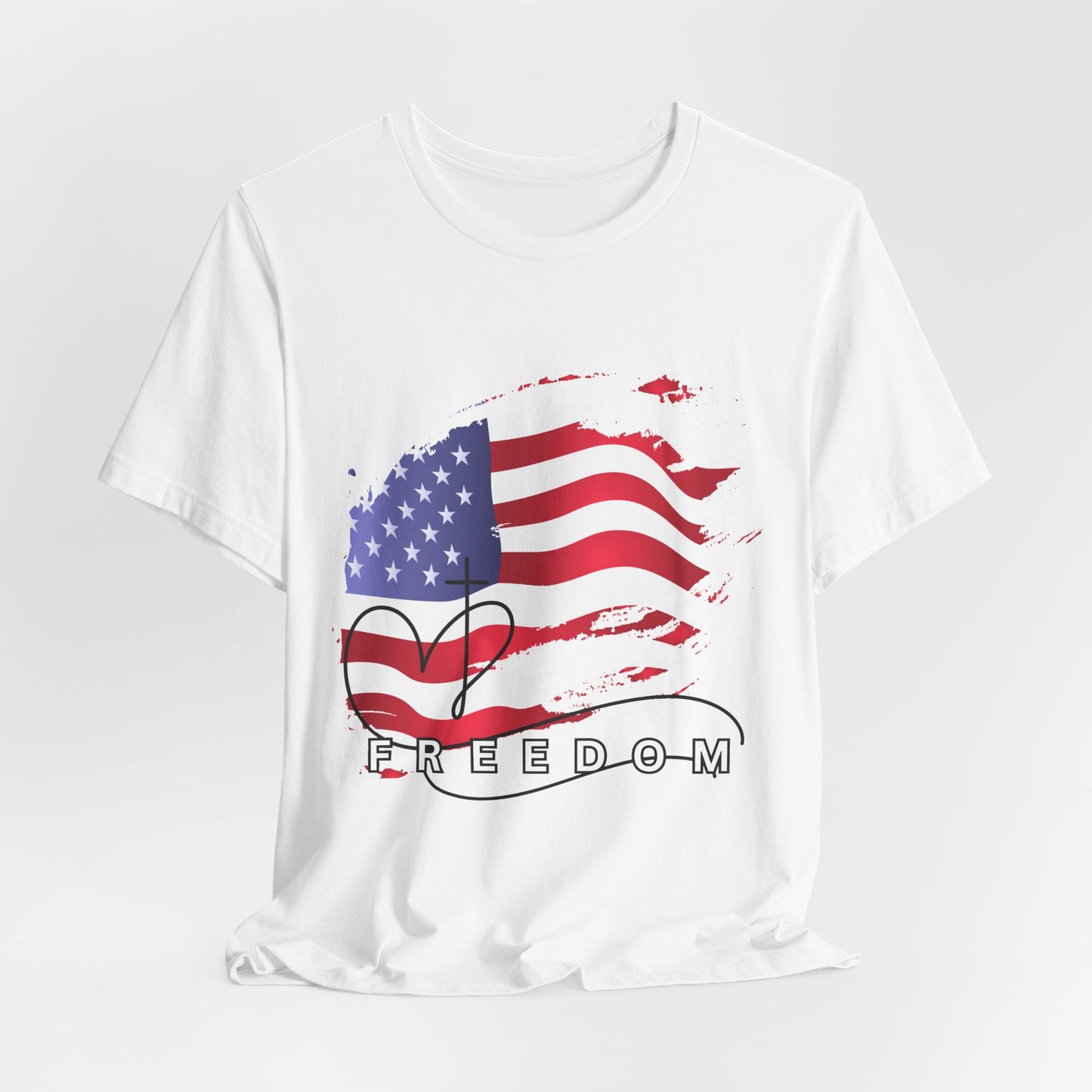 White t-shirt with American flag and 'Freedom' text design