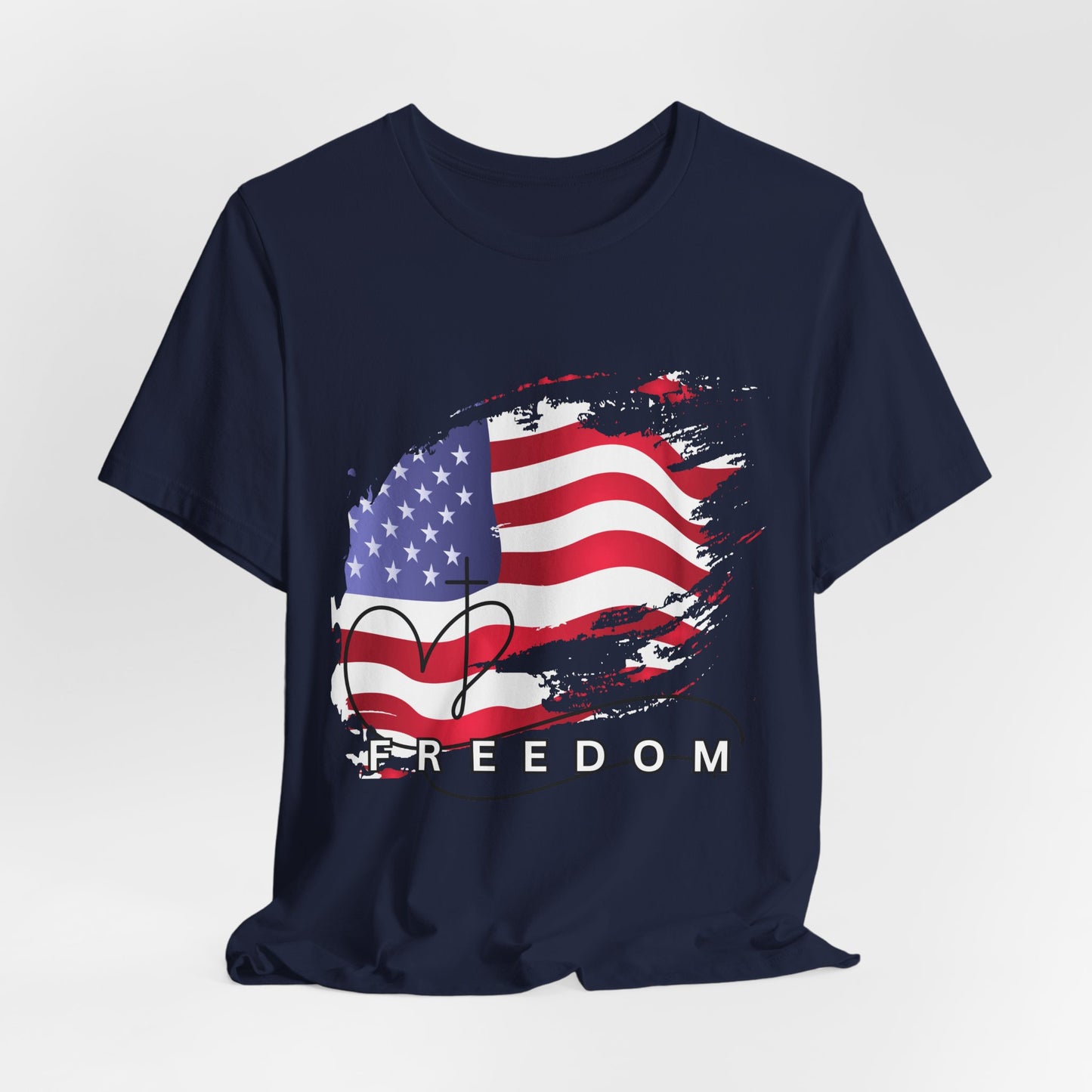 Navy blue t-shirt with American flag design and 'FREEDOM' text