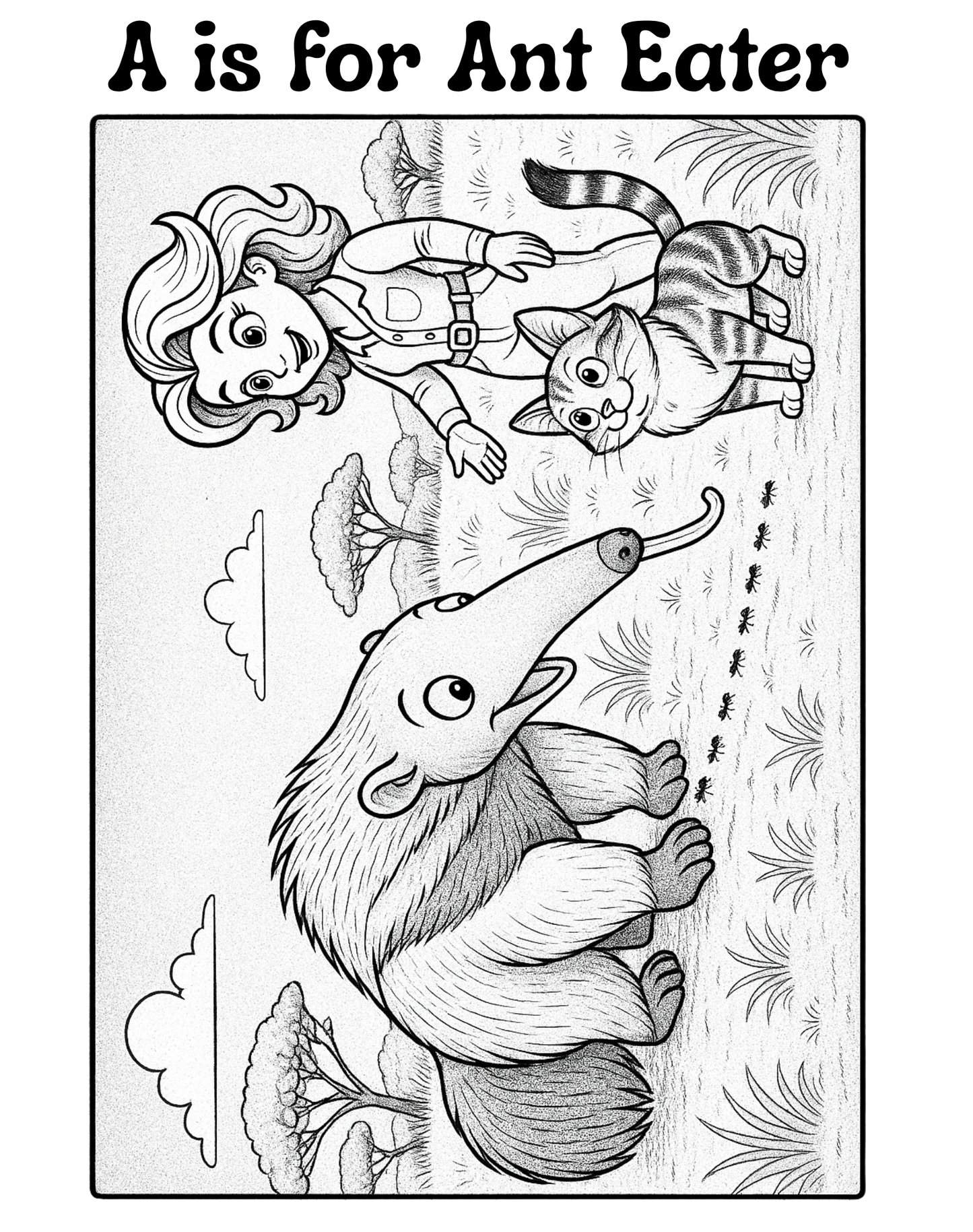 Coloring page with 'A is for Ant Eater' text, featuring a girl, cat, and anteater.