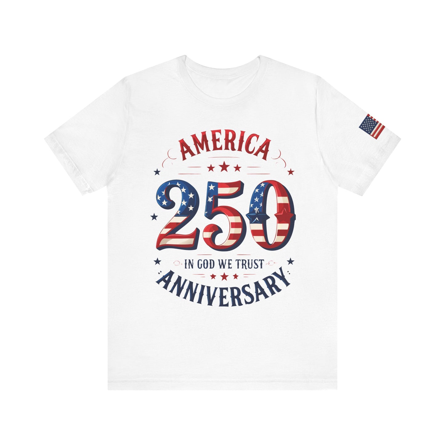 White t-shirt with 'America 250 Anniversary' design featuring stars and stripes