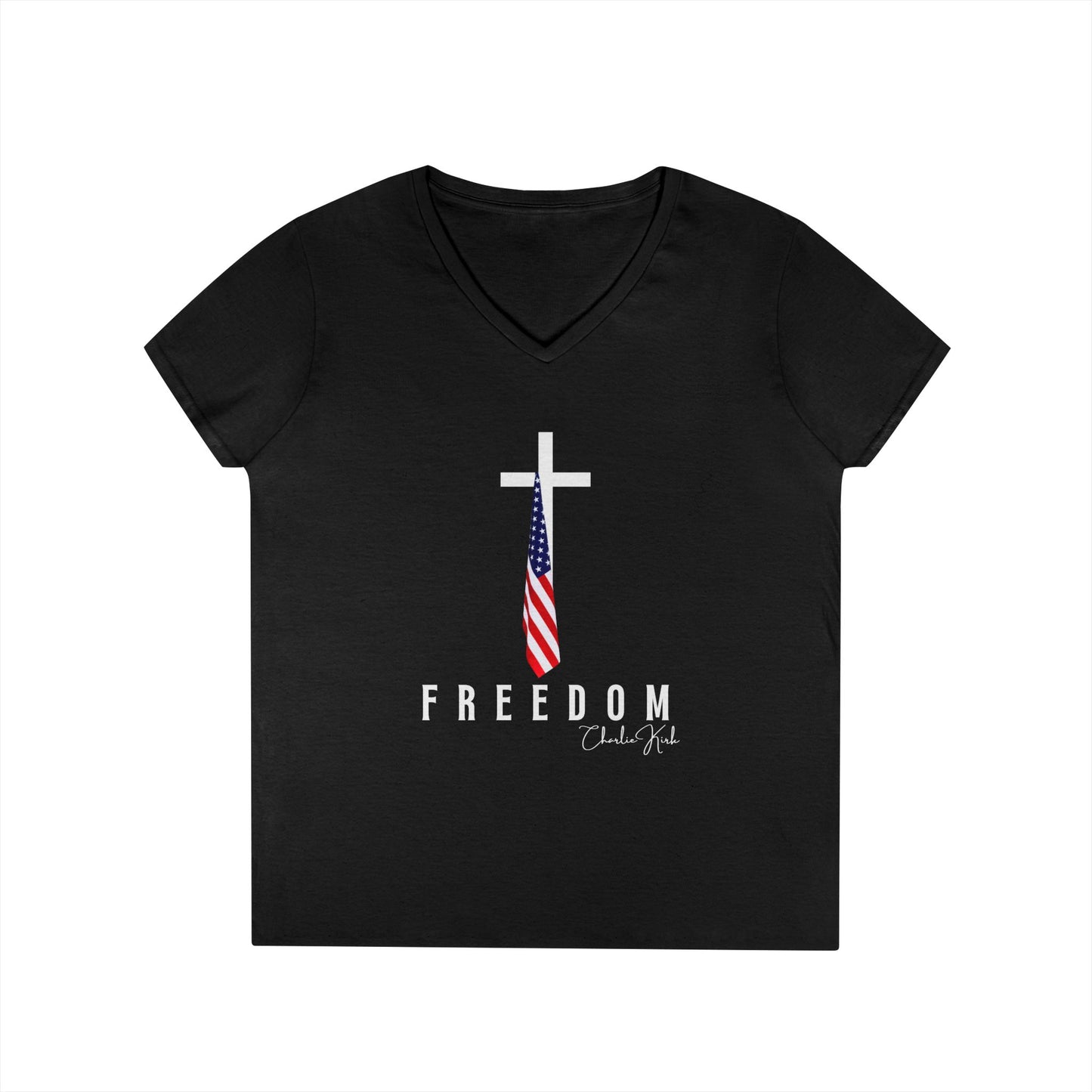 Black t-shirt with a cross and American flag design on a white background