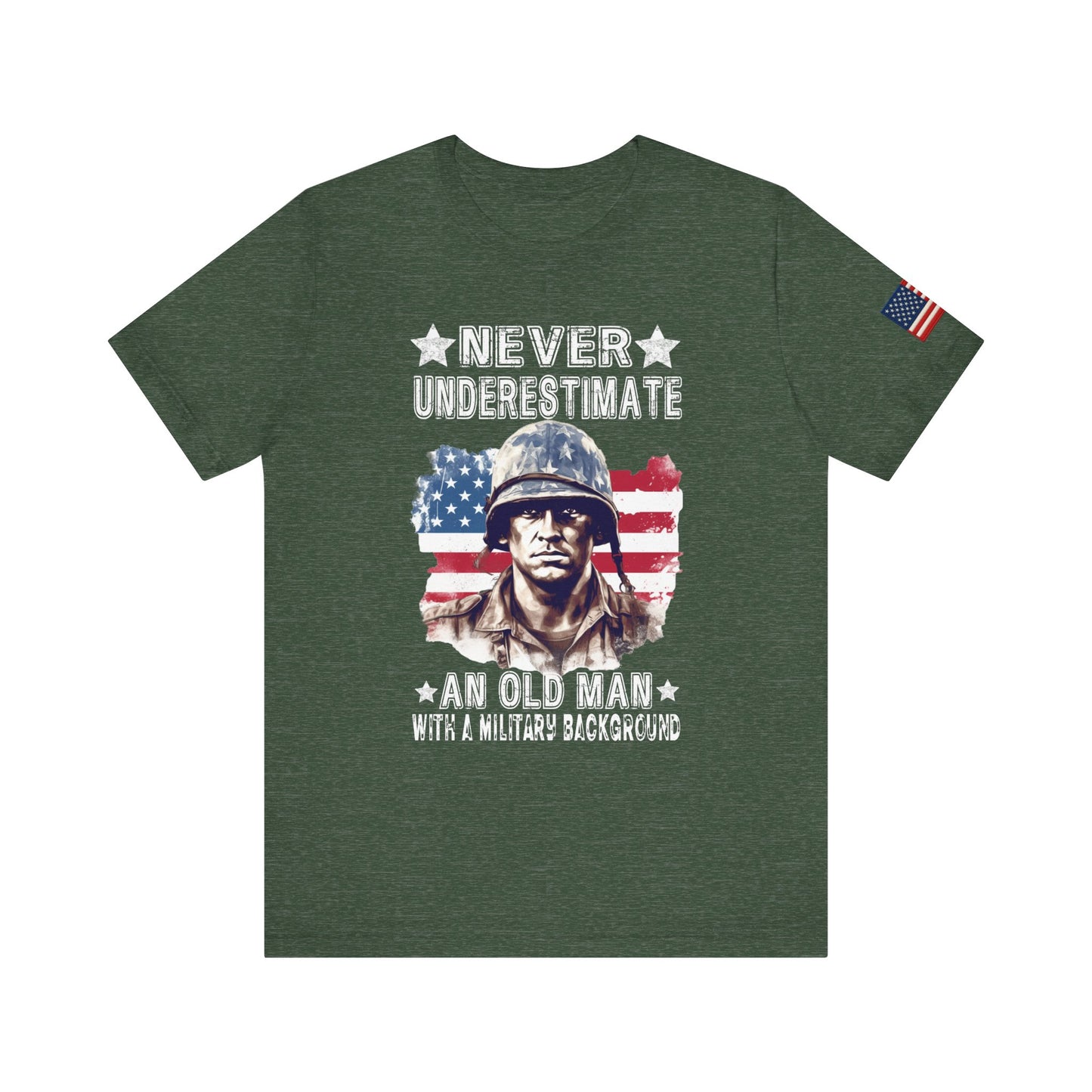 Green t-shirt with military-themed graphic and text