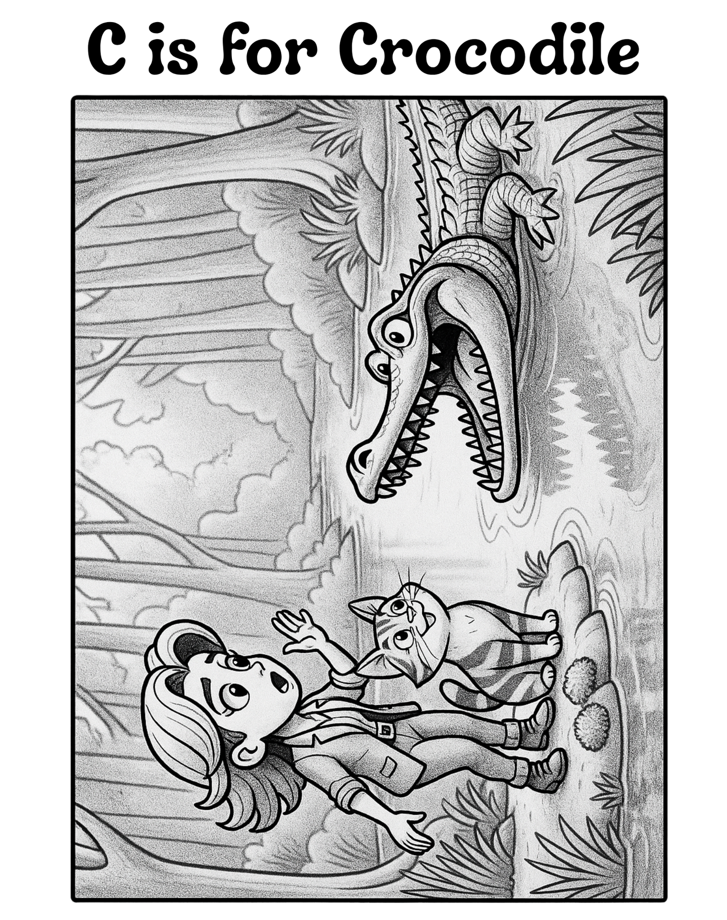 Coloring page with a crocodile and a child in a jungle setting, featuring the text 'C is for Crocodile'.