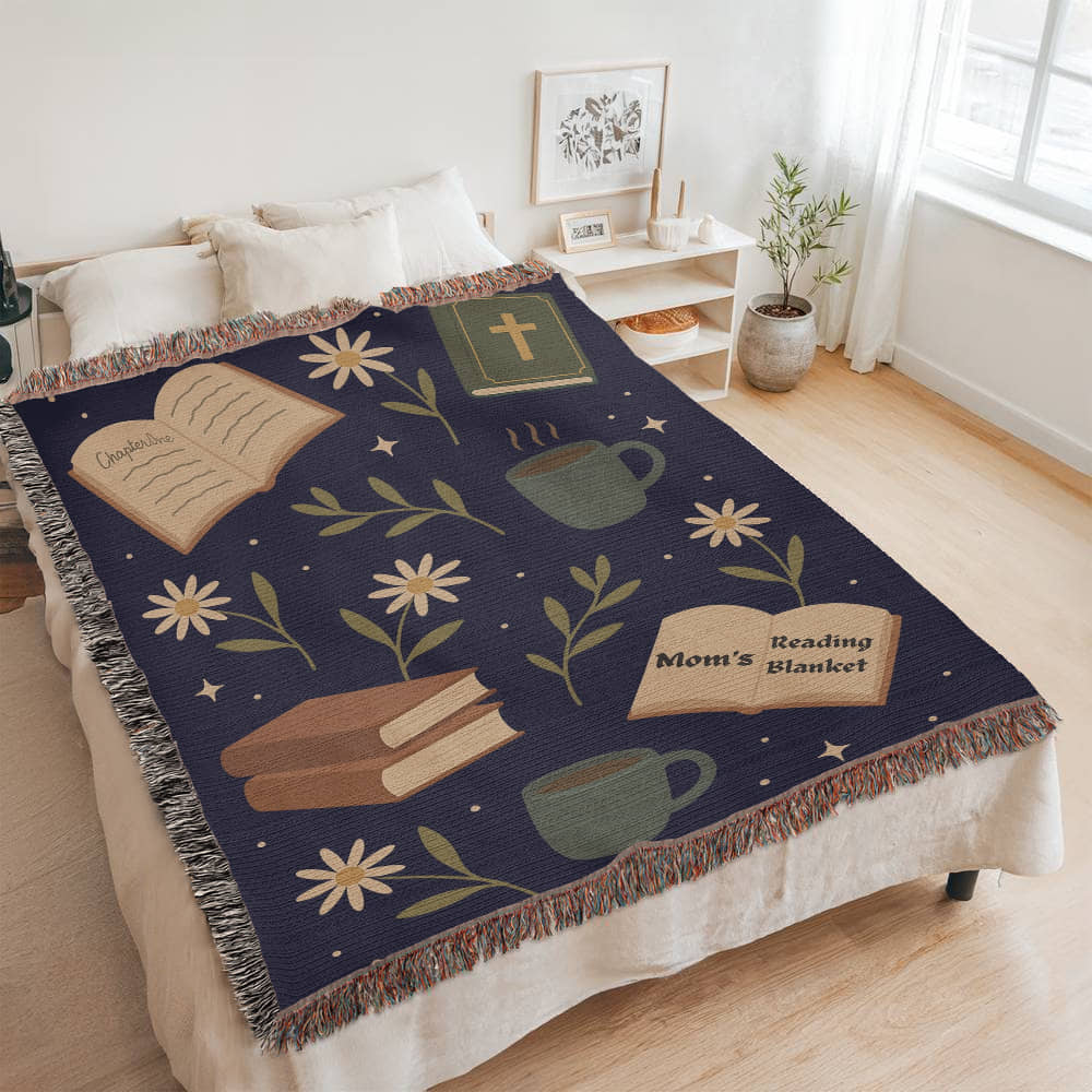 Mom reading heirloom woven blanket