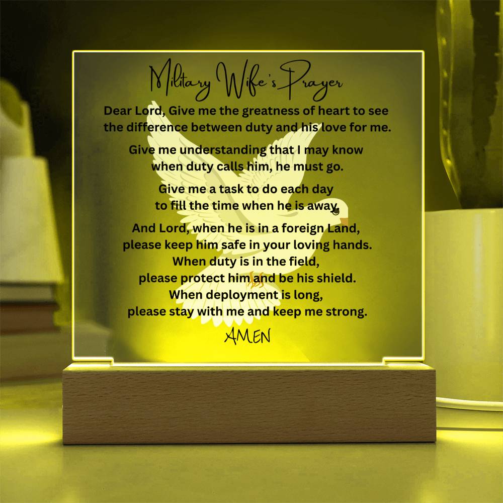 Military Wife's Prayer acrylic plaque LED wooden base tribute gift