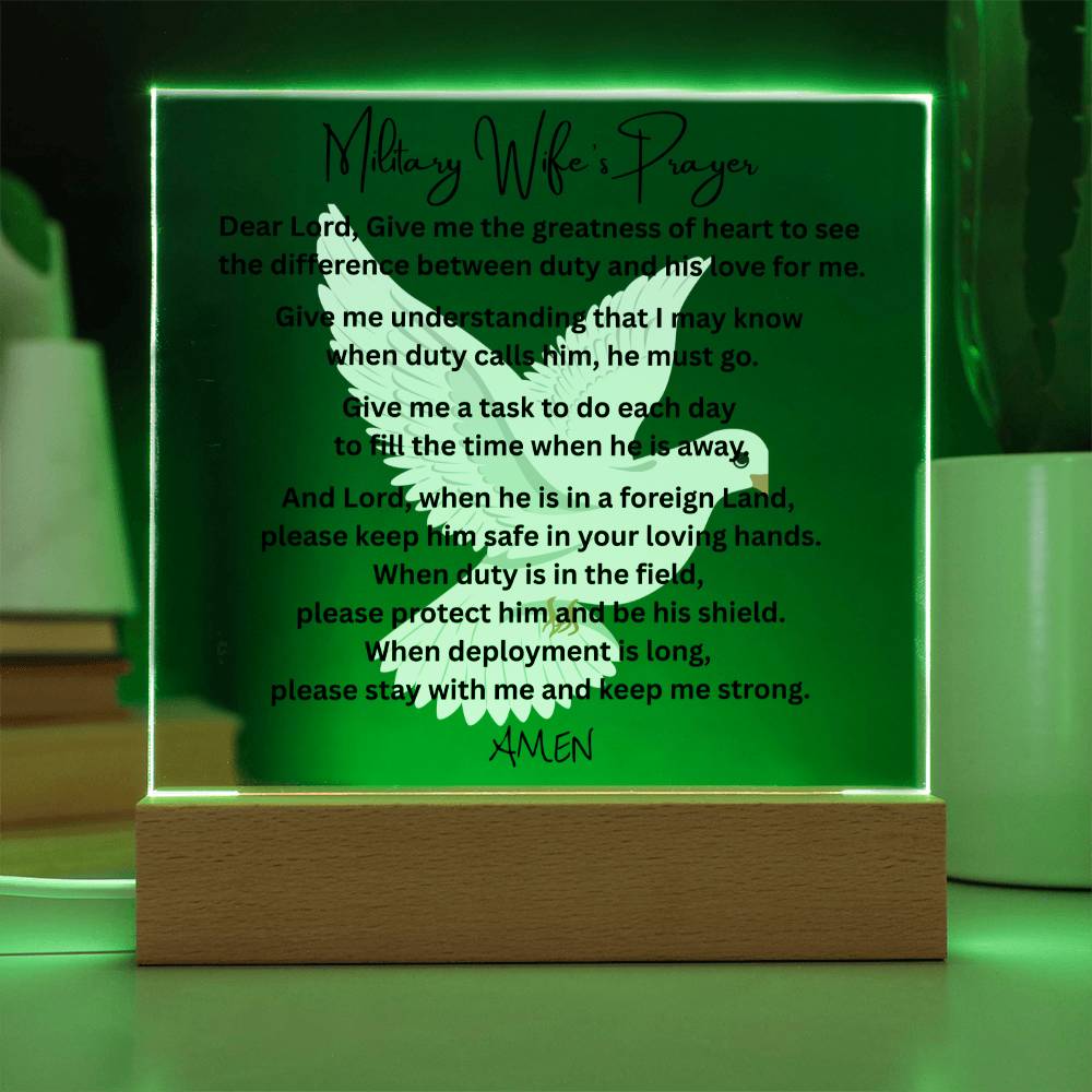 Military Wife's Prayer acrylic plaque LED wooden base tribute gift