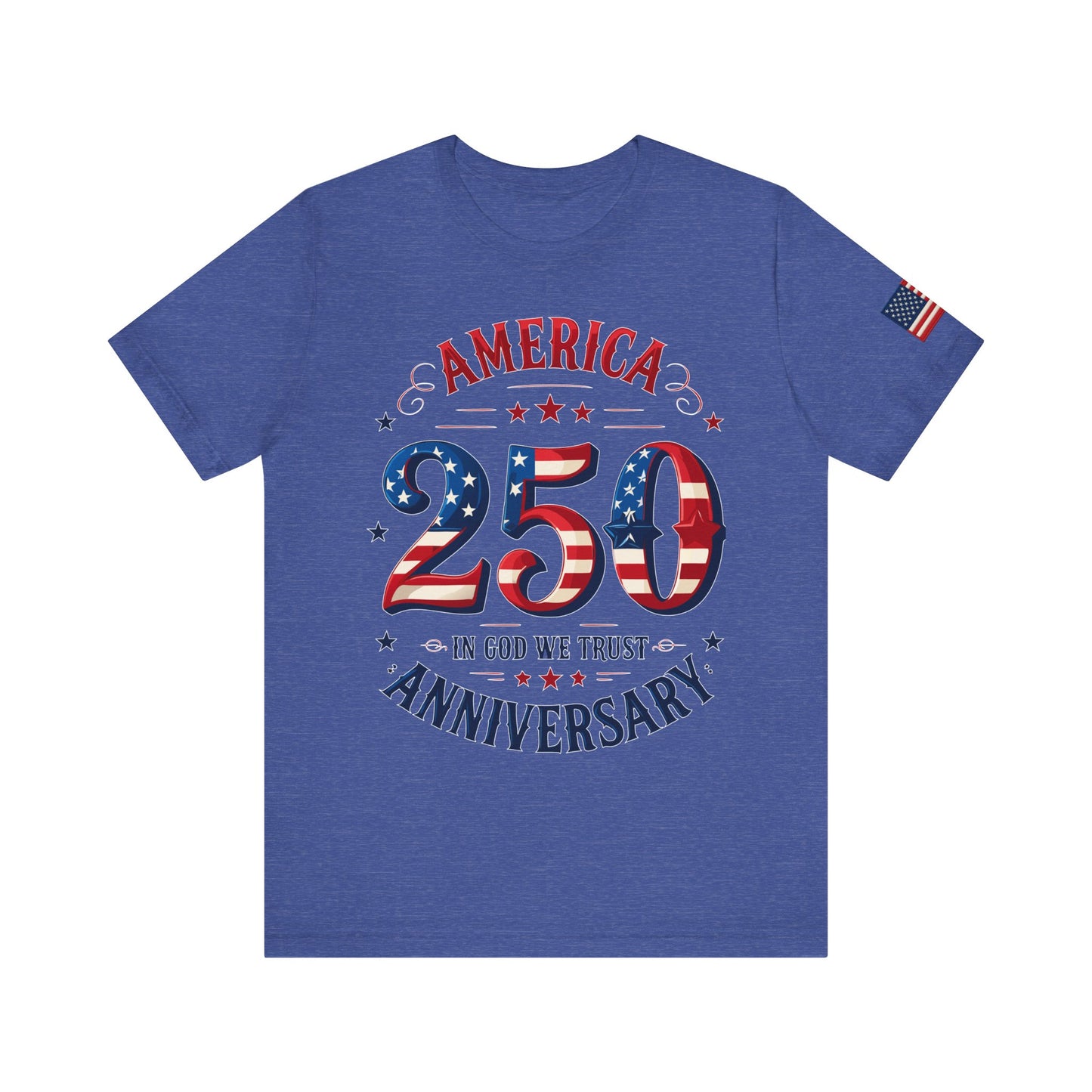 Blue t-shirt with 'America 250 Anniversary' design