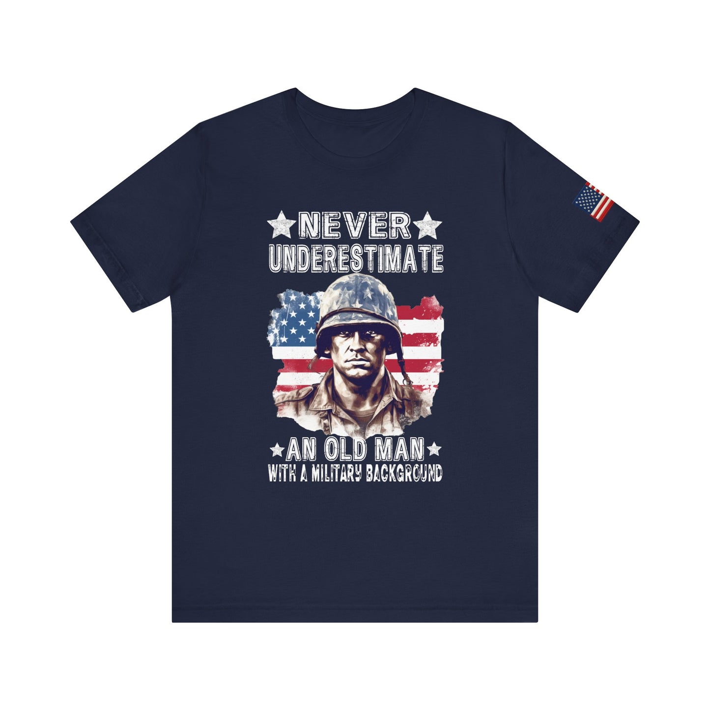 Navy blue t-shirt with military-themed graphic and text