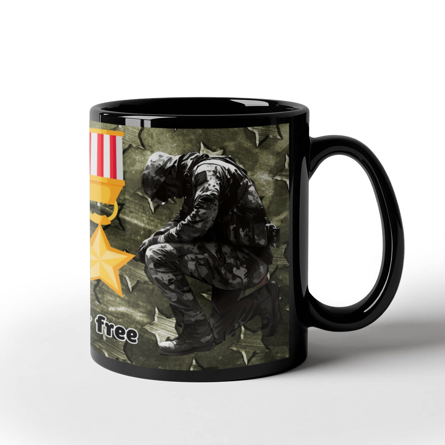 Black mug with a military-themed design featuring a dog and American flag on a white background