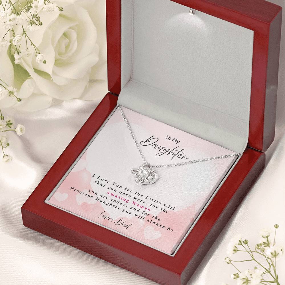 LED mahogany gift box light for daughter necklace with Love Knot Necklace gift for daughter 14k white gold over stainless steel