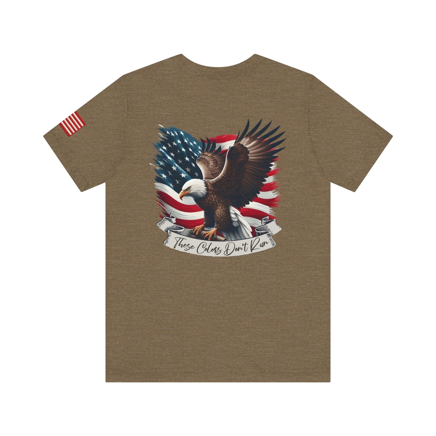Brown t-shirt back with an eagle and American flag design "These Colors Don't Run"