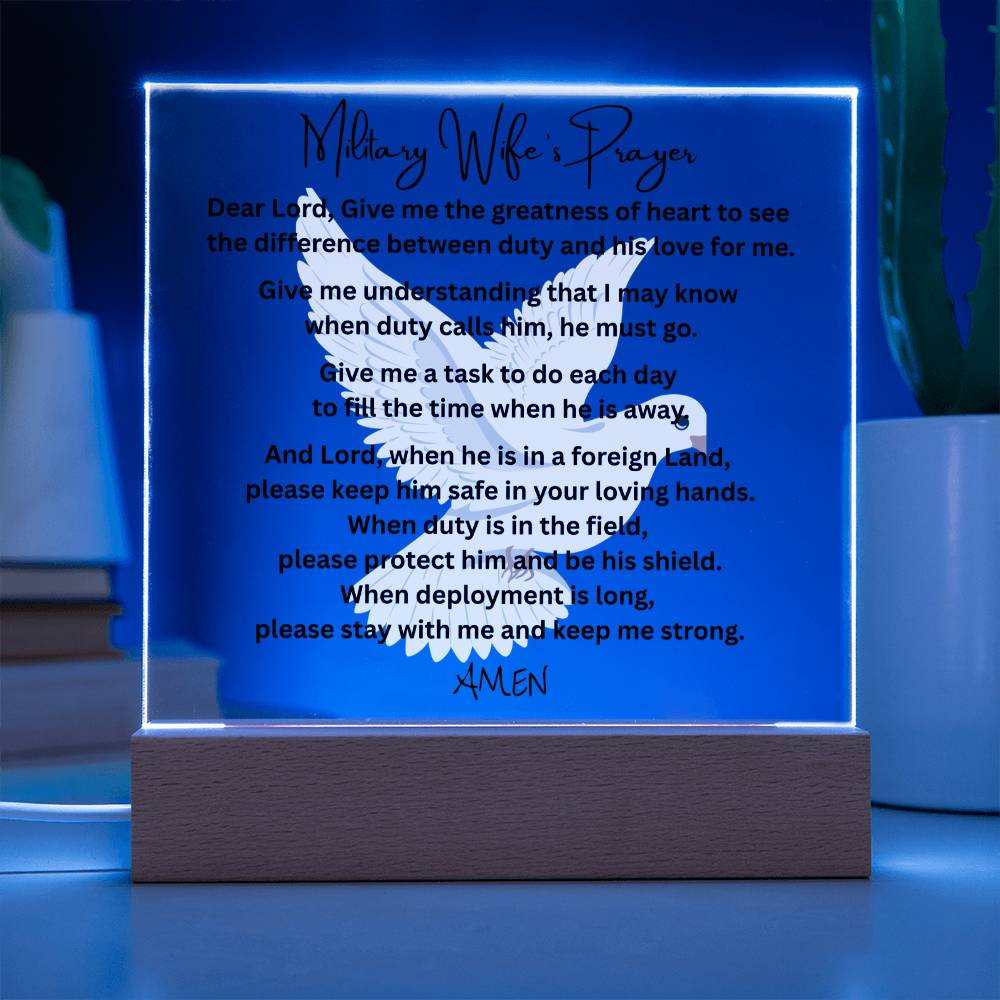 Military Wife's Prayer acrylic plaque LED wooden base tribute gift