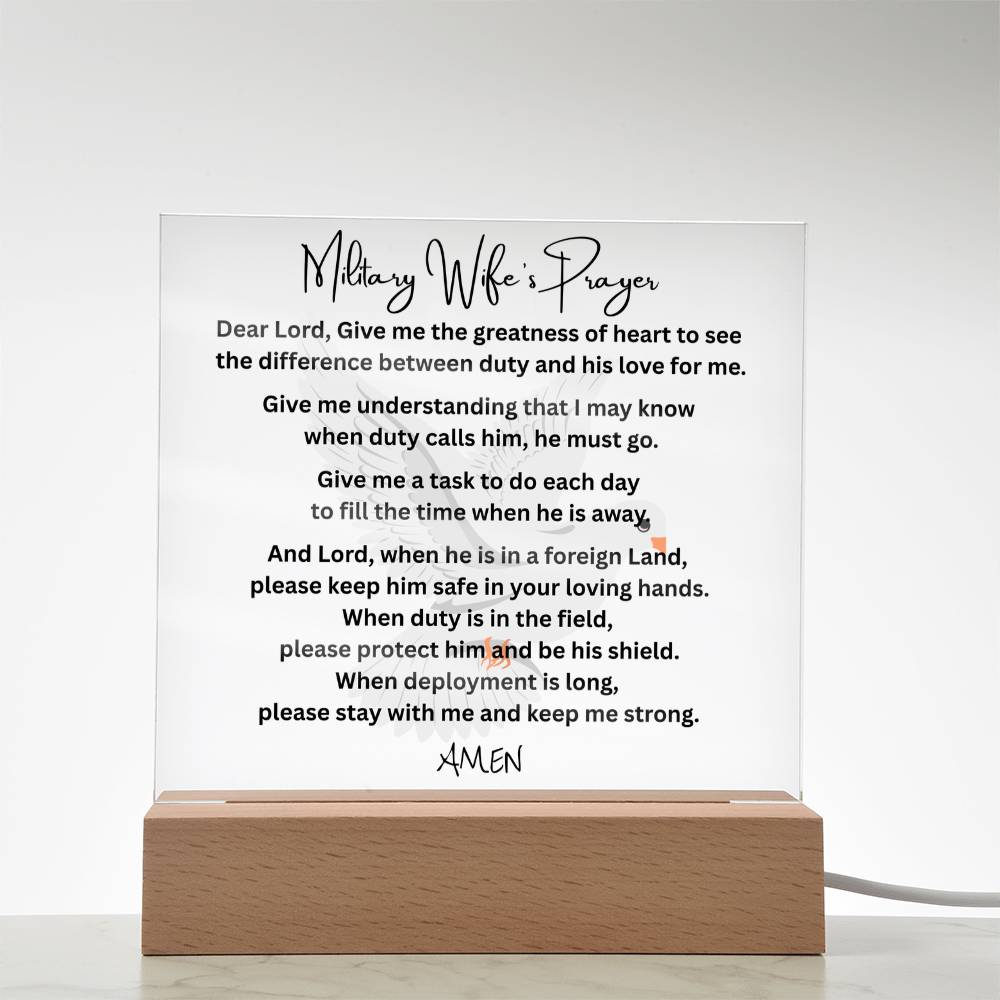 Military Wife's Prayer acrylic plaque LED wooden base tribute gift