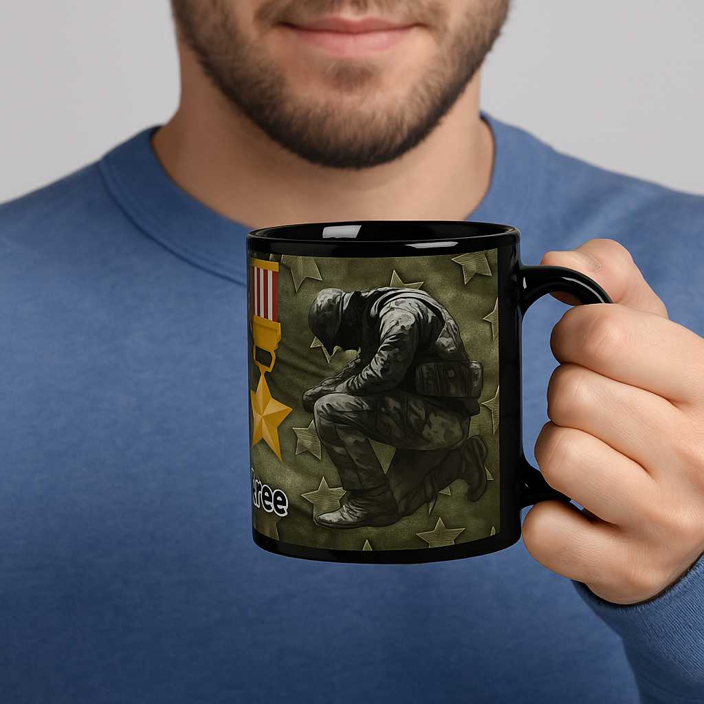 Person holding a mug with a military-themed design featuring a soldier and American flag.