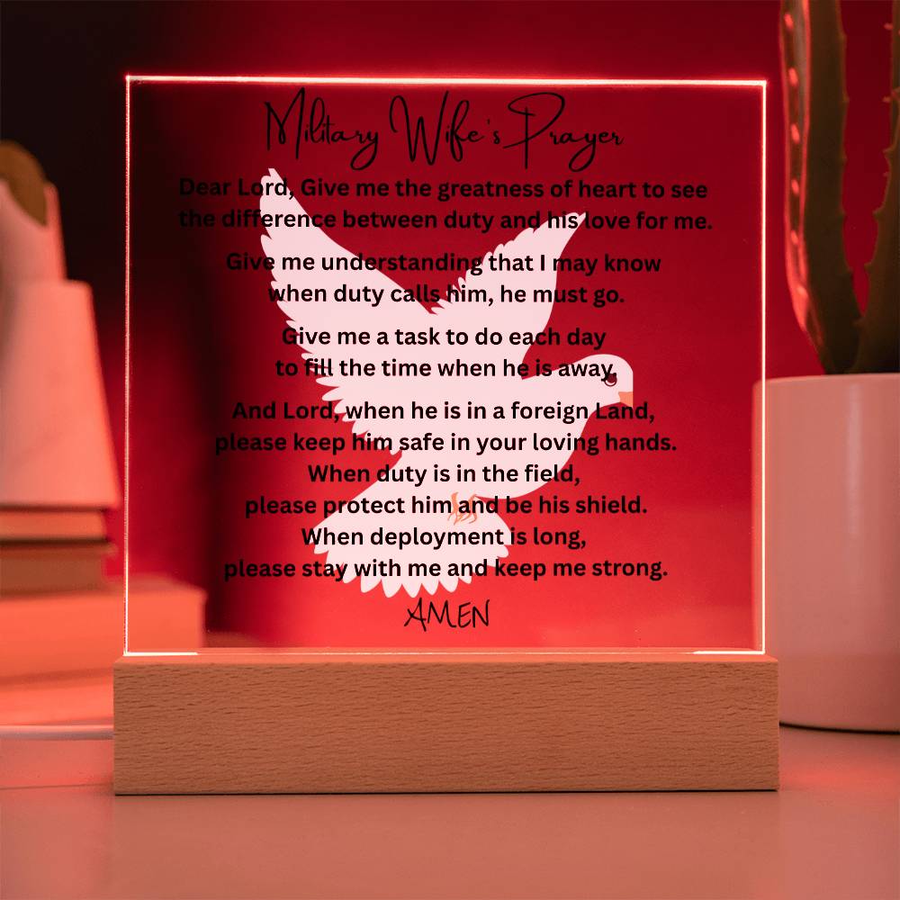 Military Wife's Prayer acrylic plaque LED wooden base tribute gift