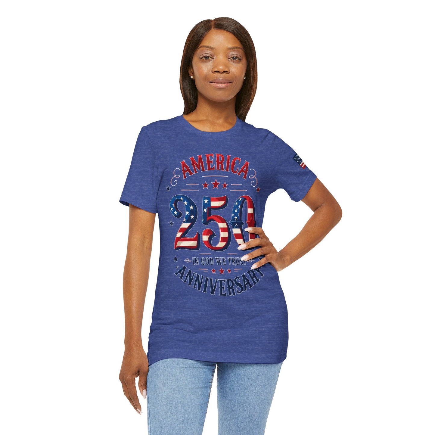 Woman wearing a blue t-shirt with 'America 250' design