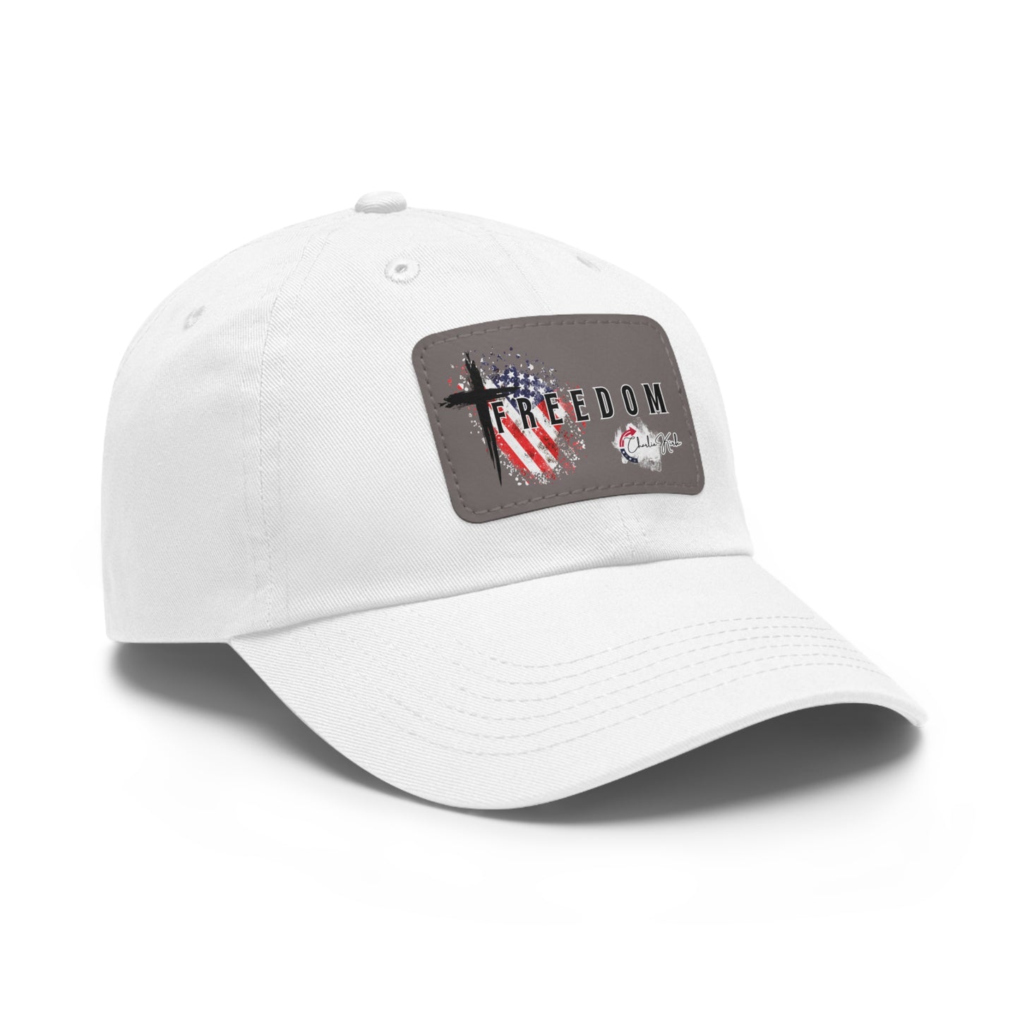 White cap with a Freedom Turning Point Charlie Kirk Patch