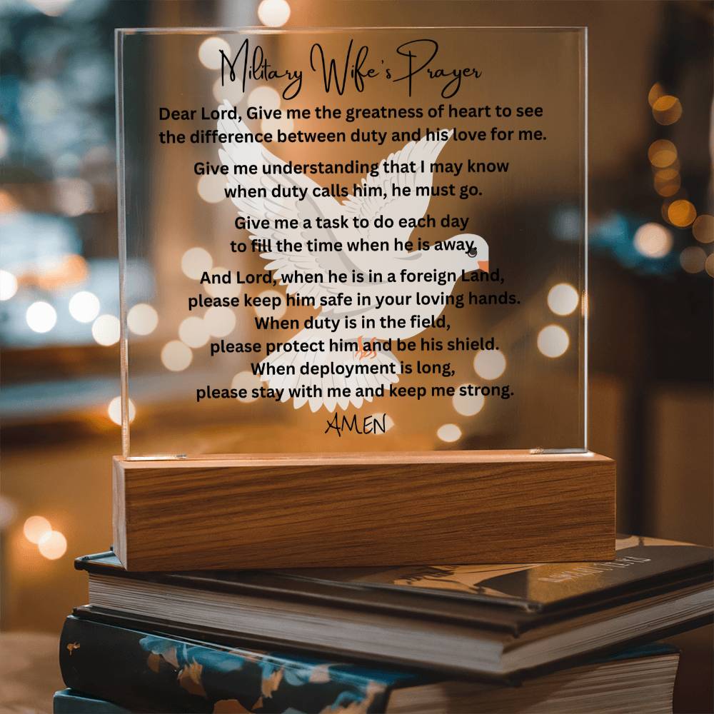Military Wife's Prayer acrylic plaque LED wooden base tribute gift
