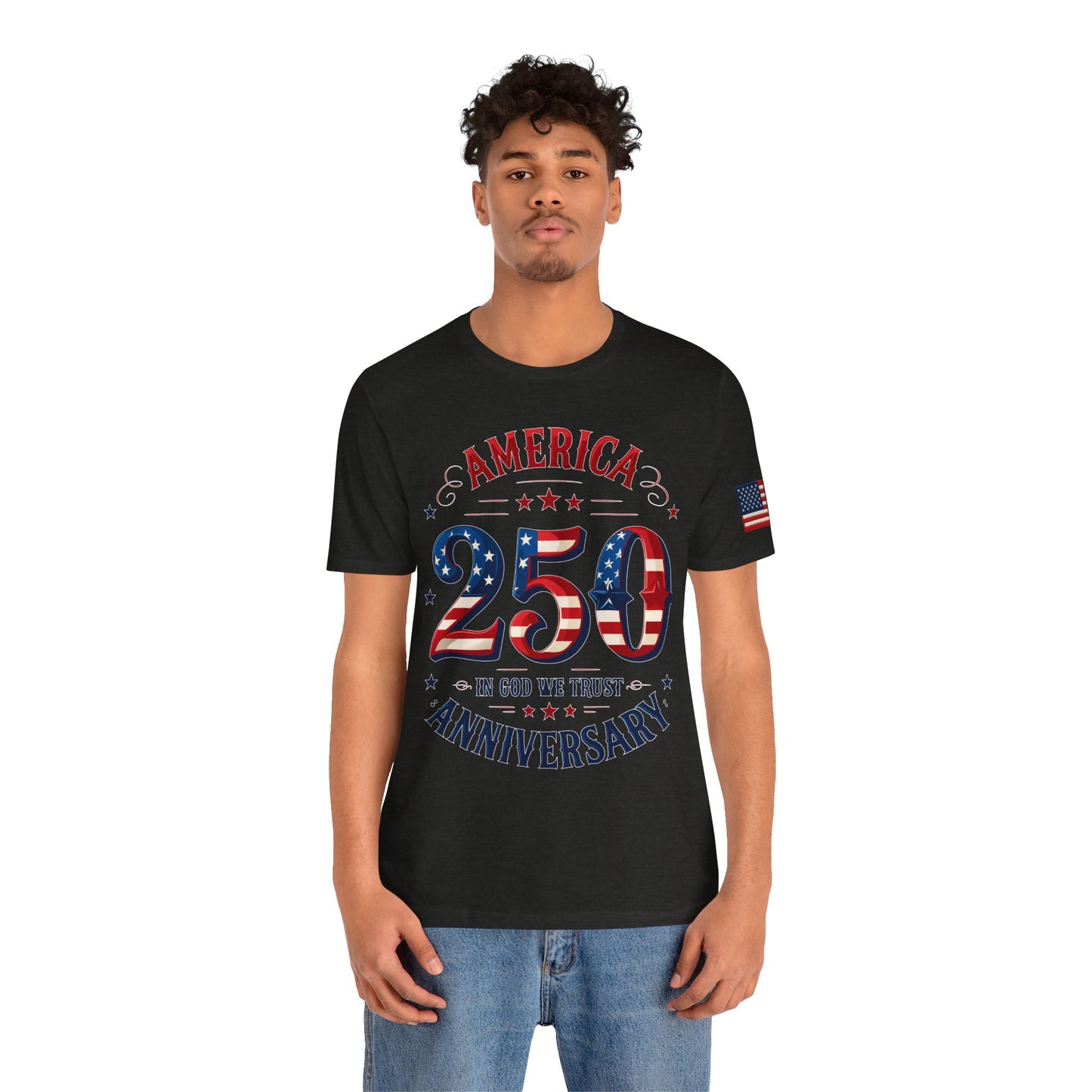 Man wearing a black t-shirt with 'America 250' design