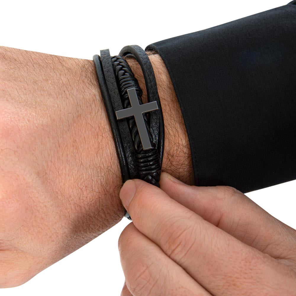 Stainless steel cross on braided vegan leather adjustable magnetic clasp