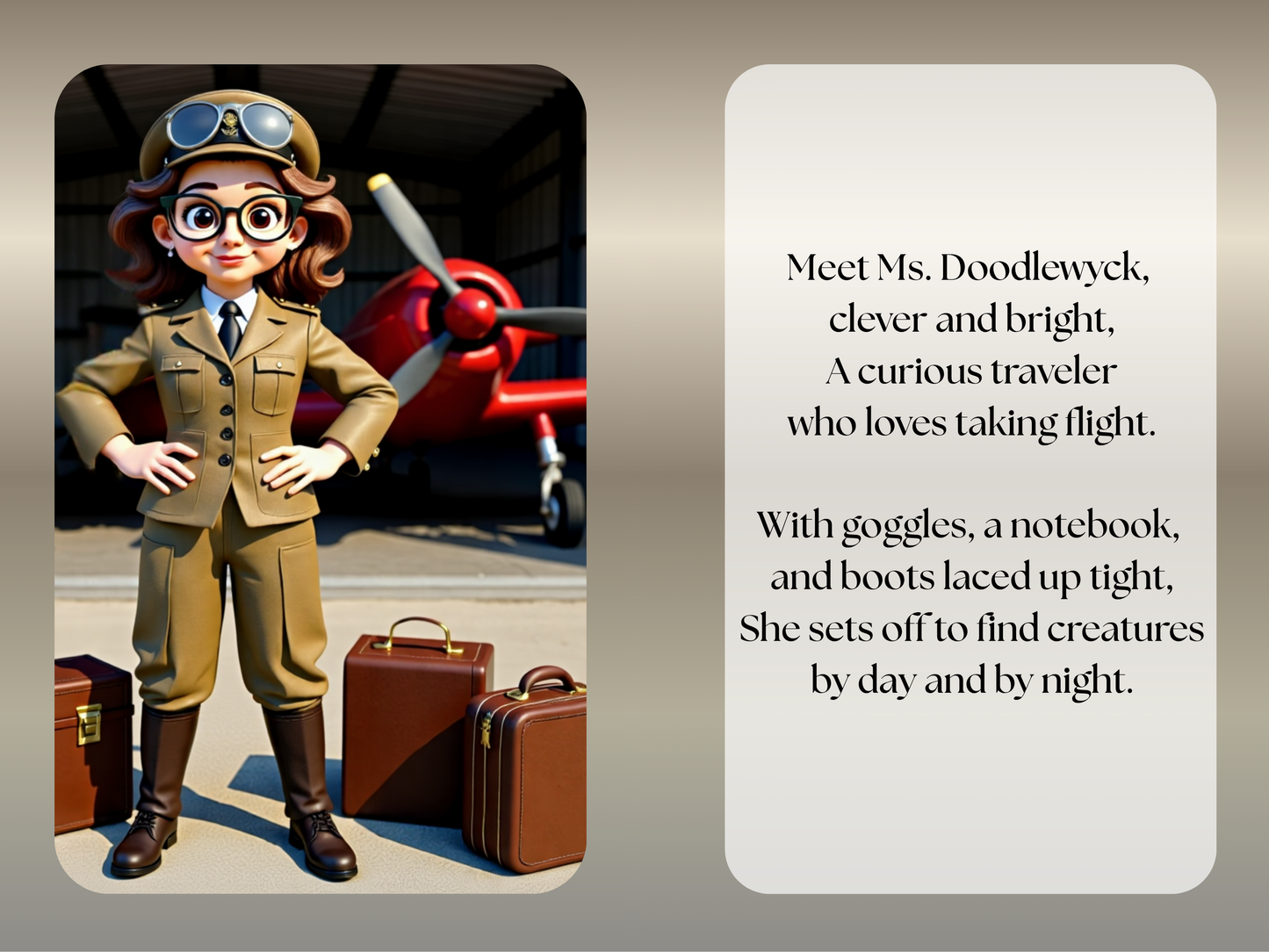 Pages with Ms. Doodlewyck in a pilot outfit with text about her adventures.