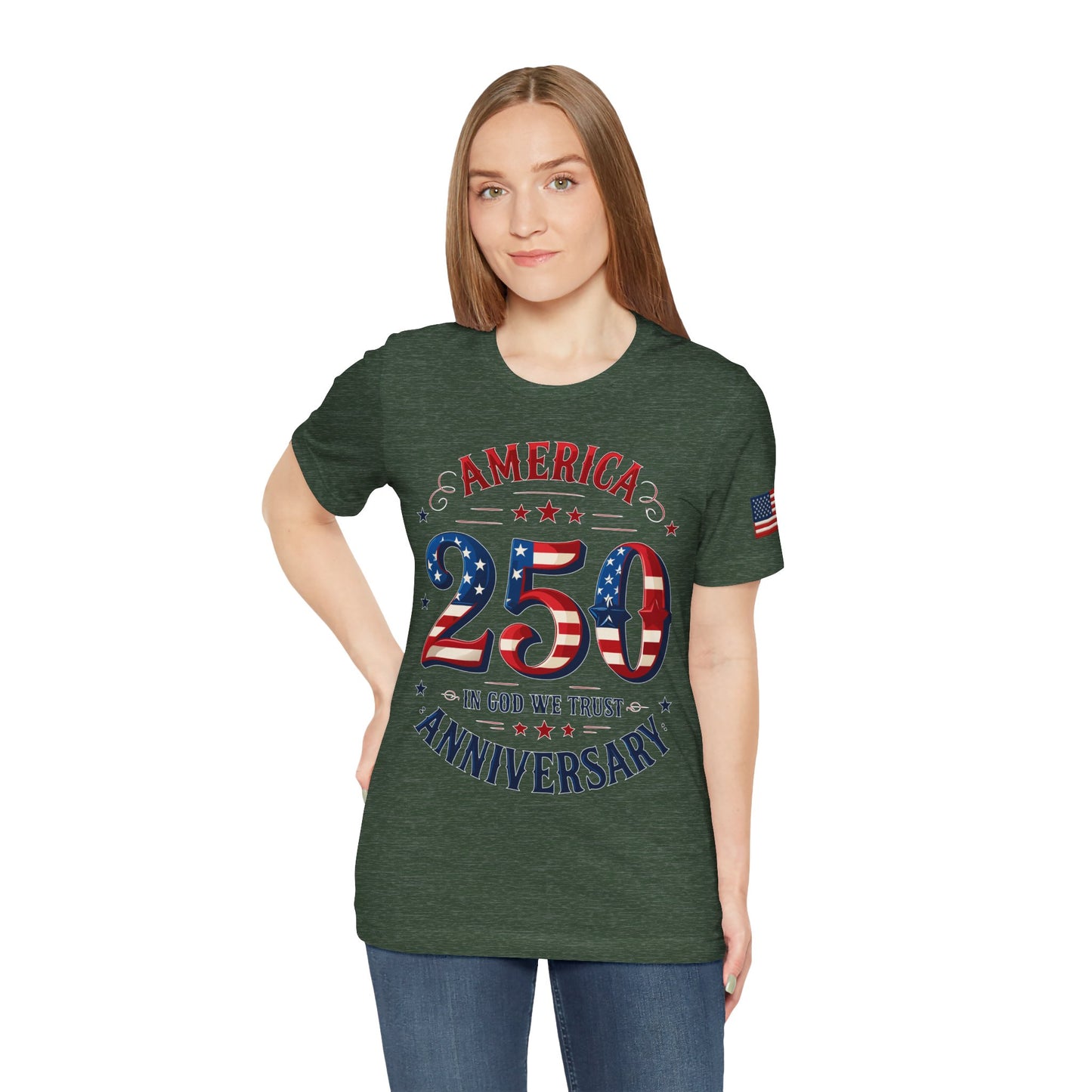 Woman wearing a green t-shirt with 'America 250 Anniversary' design