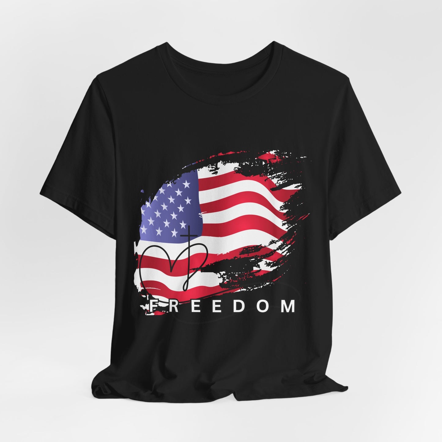Black t-shirt with American flag and 'FREEDOM' text