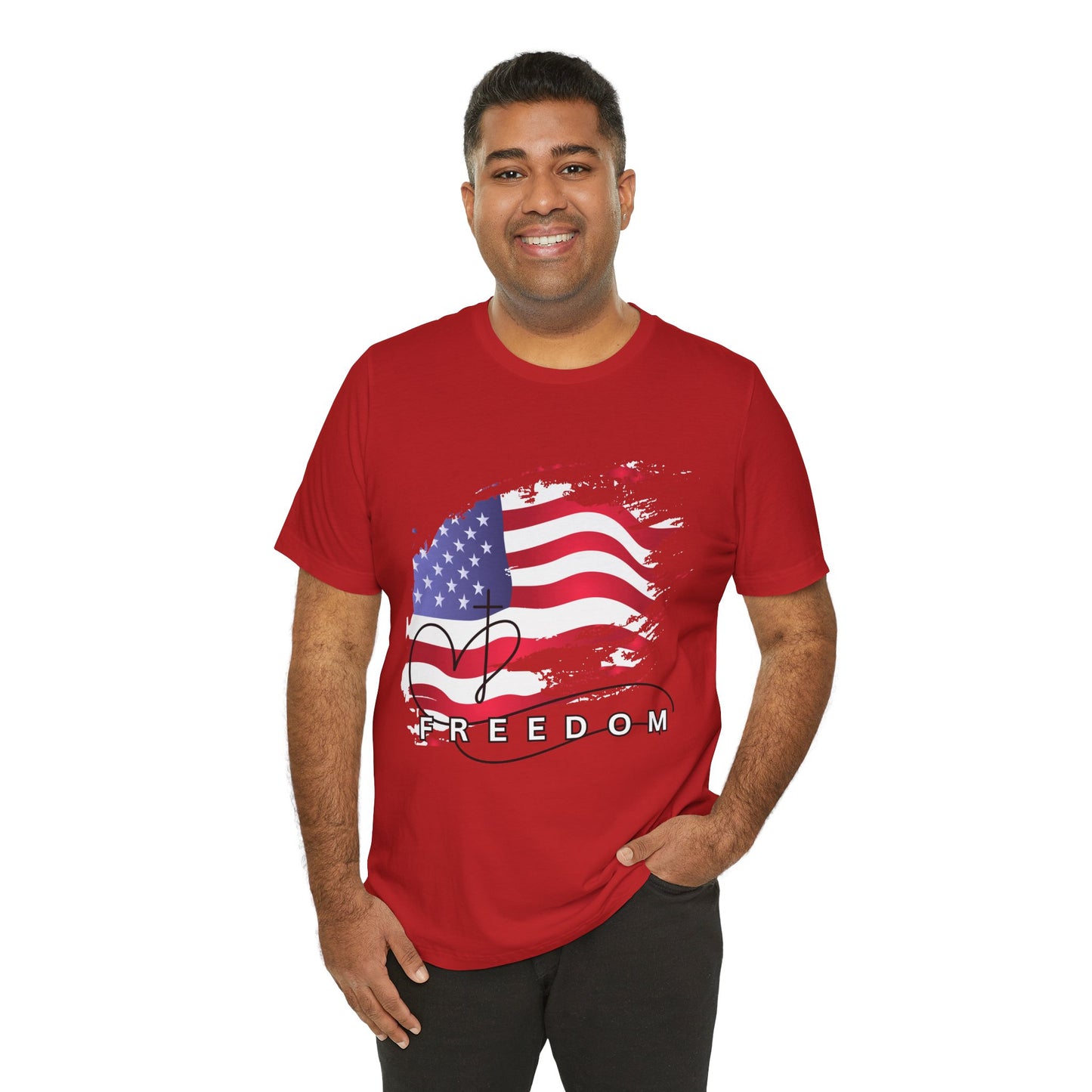 Man wearing a red t-shirt with an American flag design and 'Freedom' text