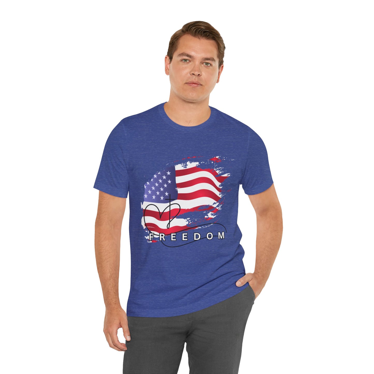 Man wearing a blue t-shirt with an American flag and 'Freedom' text