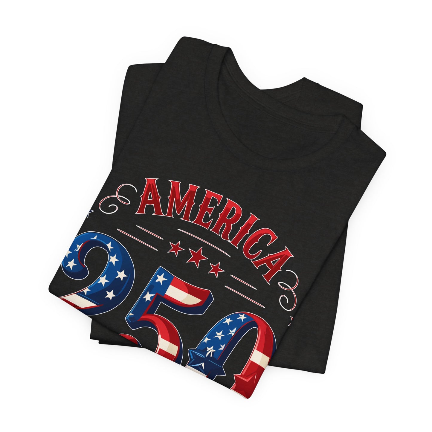 Black t-shirt with 'America 2023' design featuring stars and stripes