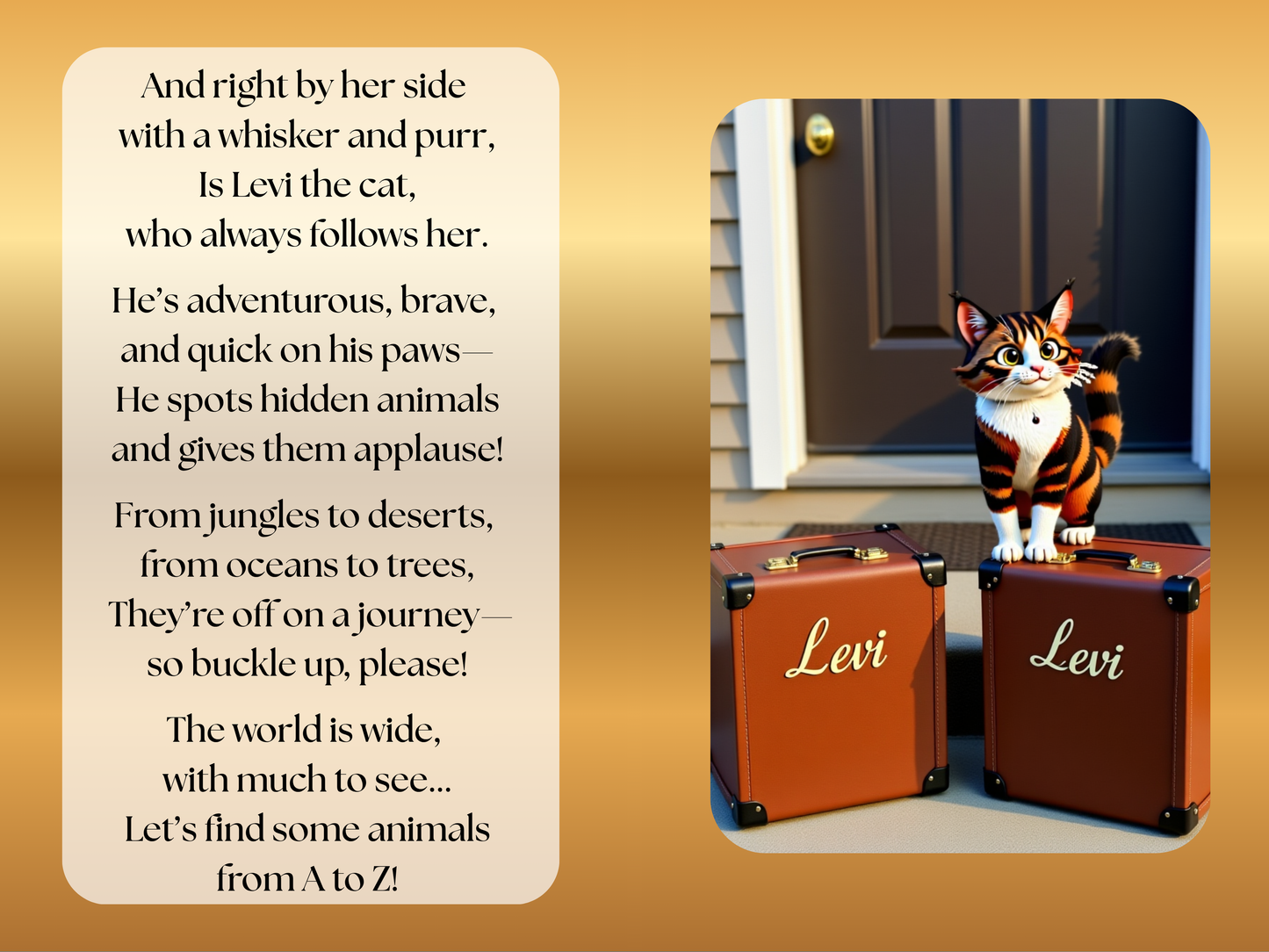 Pages with Levi the Cat standing on two suitcases with a poem about the cat on the left.