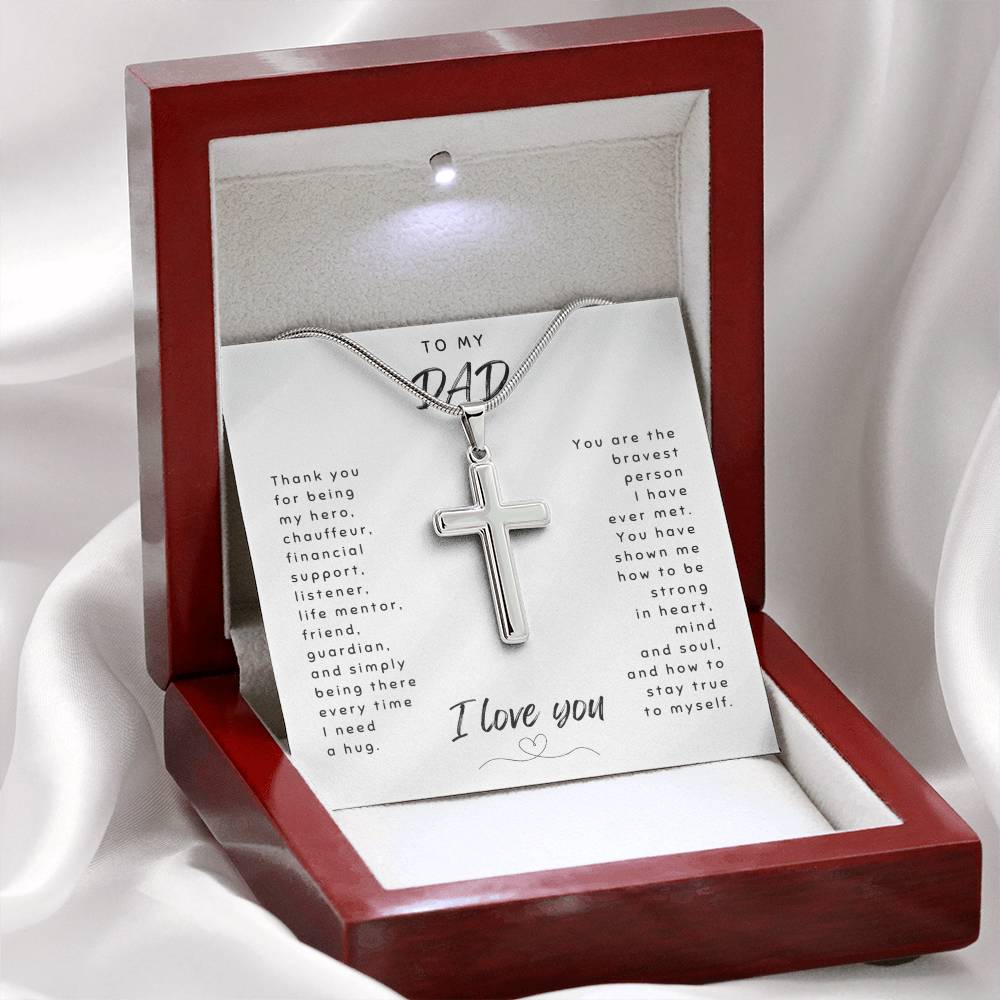LED mahogany gift box for Dad cross necklace